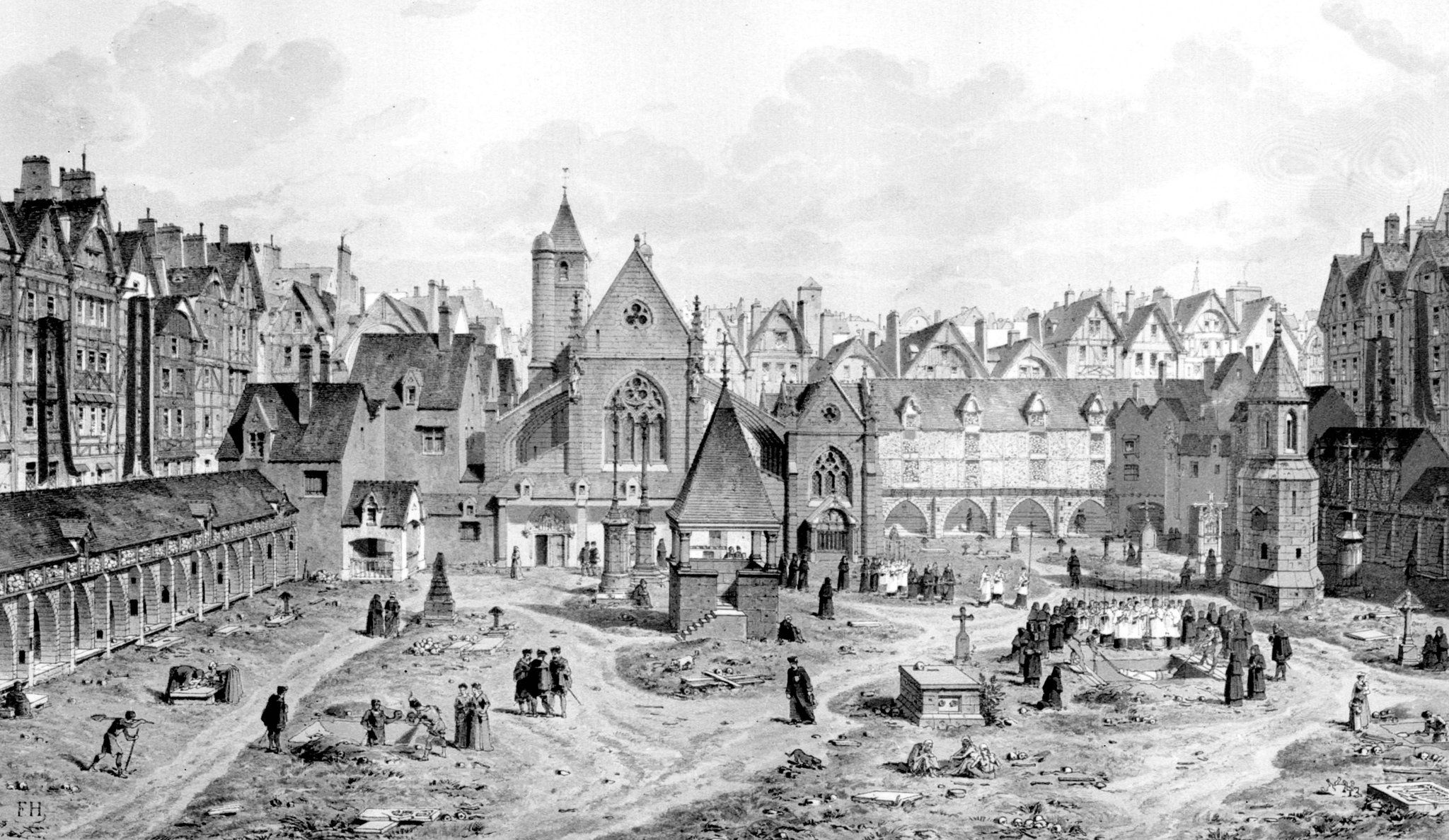 Cimetière des Innocents (1550) engraving by F. Hoffbauer, courtesy of Getty images .