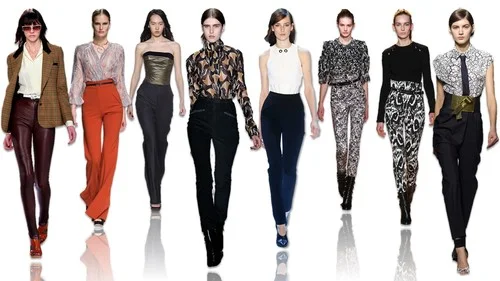 Click image to enlarge. Fall 2015's key high-waisted looks on the runway, from left to right: Rodarte, Zimmermann, TopShop Unique, Wes Gordon, Jason Wu, Isabel Marant, Isabel Marant and Vionnet.