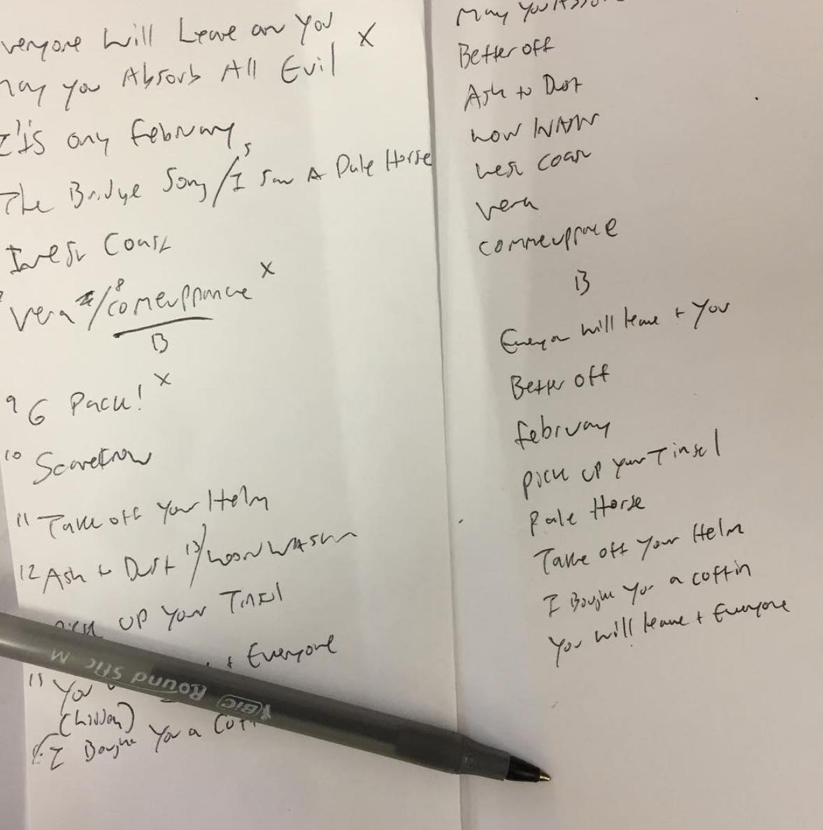 4.27.2017 i stood in a gas station & rewrote the track listings toward a more final LP order