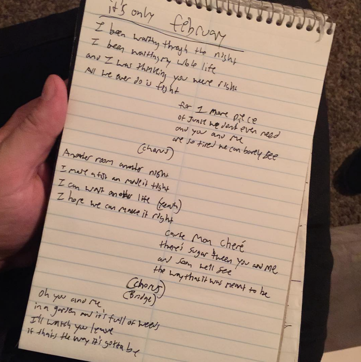 6.22.2017 we started mixing out vocals together a lot around this time. here are the lines to February I wrote out for Zach to sing