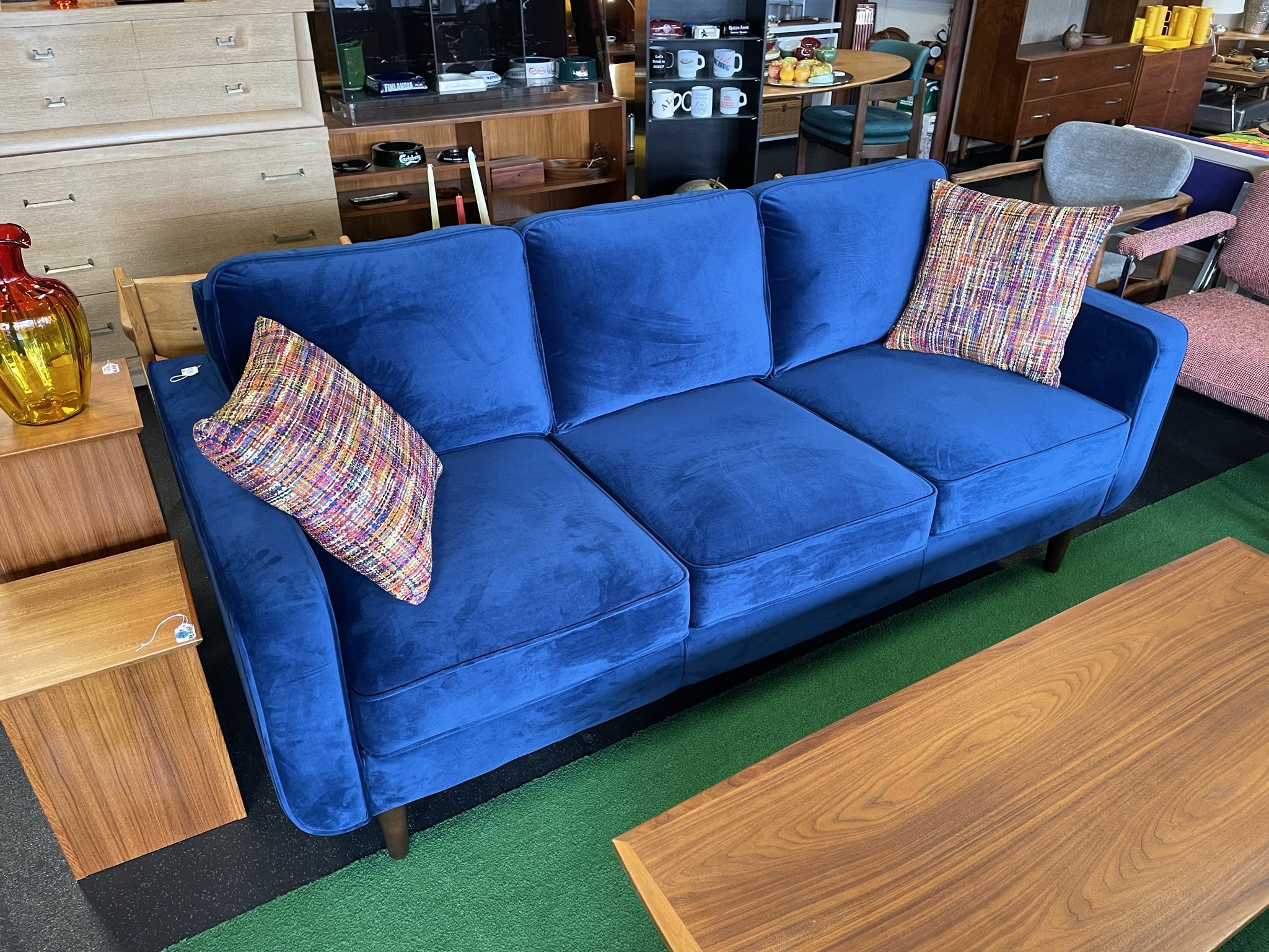 NEW Blue Velour MCM Style Dowel Leg Couch — Reinvent Modern