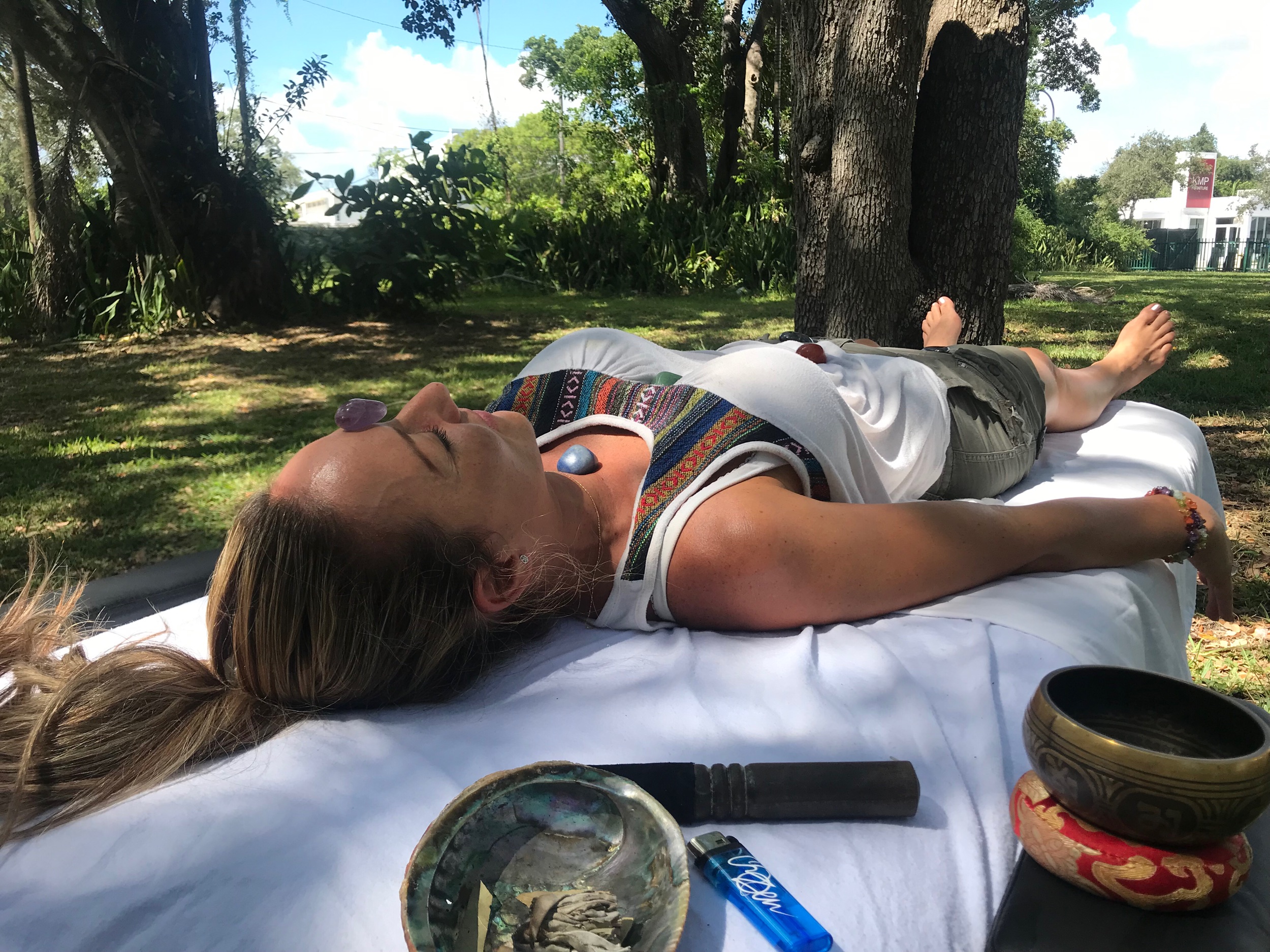 This client opted for a Reiki healing session with The Works! Pictured here is the Tibetan Singing Bowl, the Ancient Practice if Smudging Stick and Chakra Crystal set for clearing of Negative Energy, for an advanced alignment of the body’s energetic system