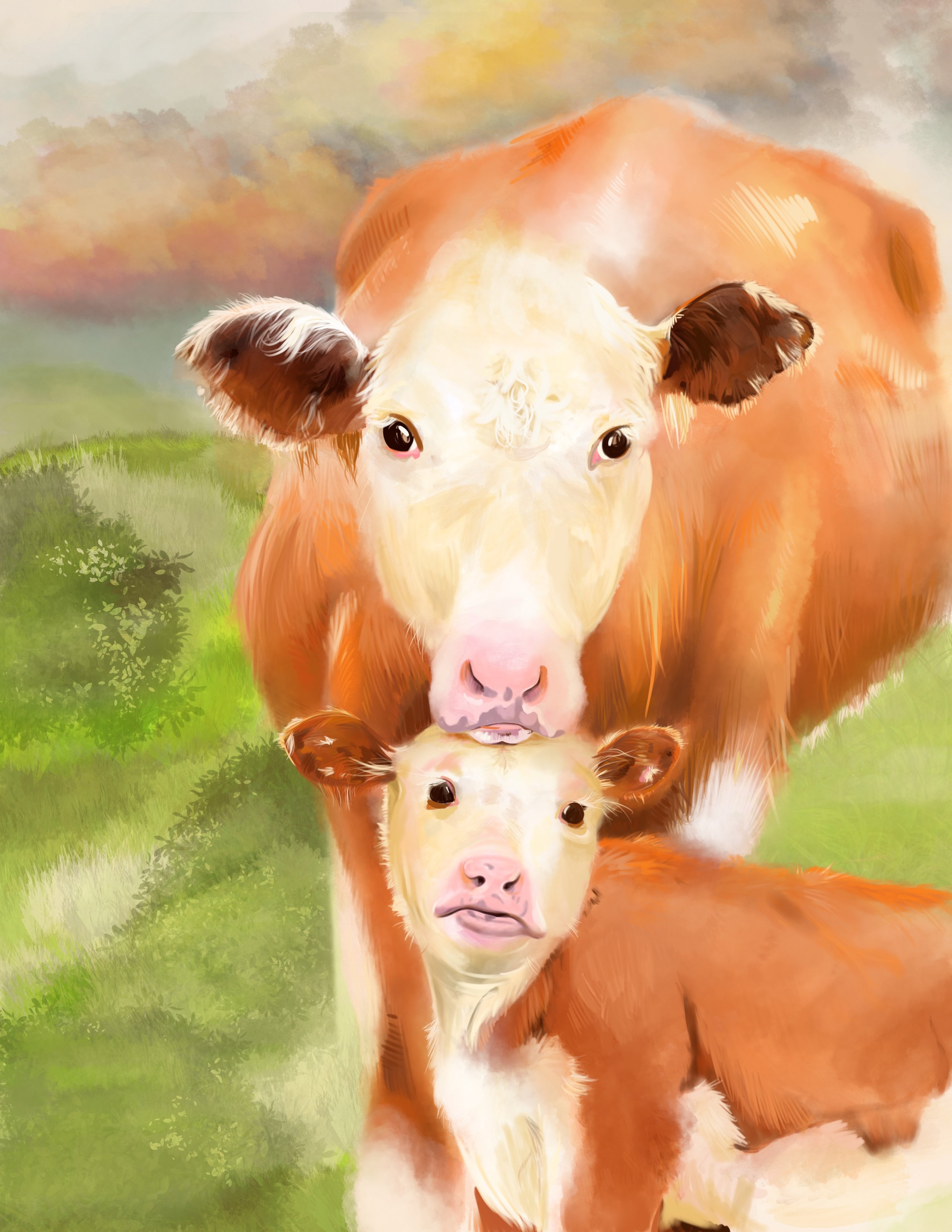 A dighital painting of orange cows. one a grown cow and a small calf in front of the other. The background is vague greenery.