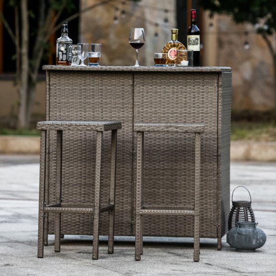 Wicker bar set Brown. Bar 40.2 in W x 23.6 in D x 40.2 inH. Bar stools 15 in W x 15 in D x 28.3 in H.jpg