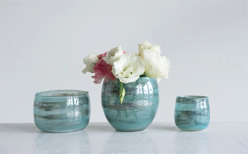 Tealight_Glass Tealight Holder, Aqua Marble Finish. Set of 3. Sizes range 2.5 round to 4.5 in round.jpg