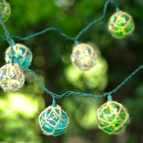 String lights on green wire. 10 jute wrapped nautical lights, blue green and clear. 8.5 ft length. 10 lights per string.jpg