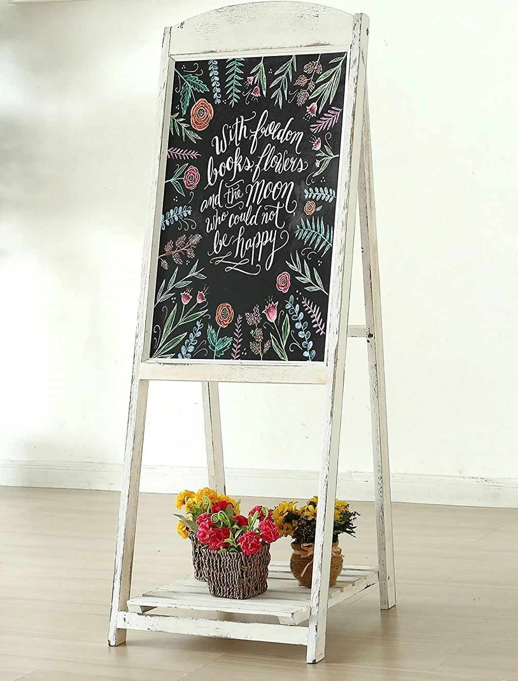Rustic Whitewashed Wood A-Frame Sidewalk Menu Chalkboard Sign with Display Shelf.2.jpg