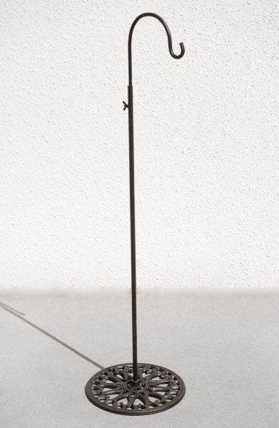 Shepherds hook free standing. Sturdy wrought iron. Adjustable height from 34 to 55 in. 10 in wide base. Holds 2-3 lbs.jpg