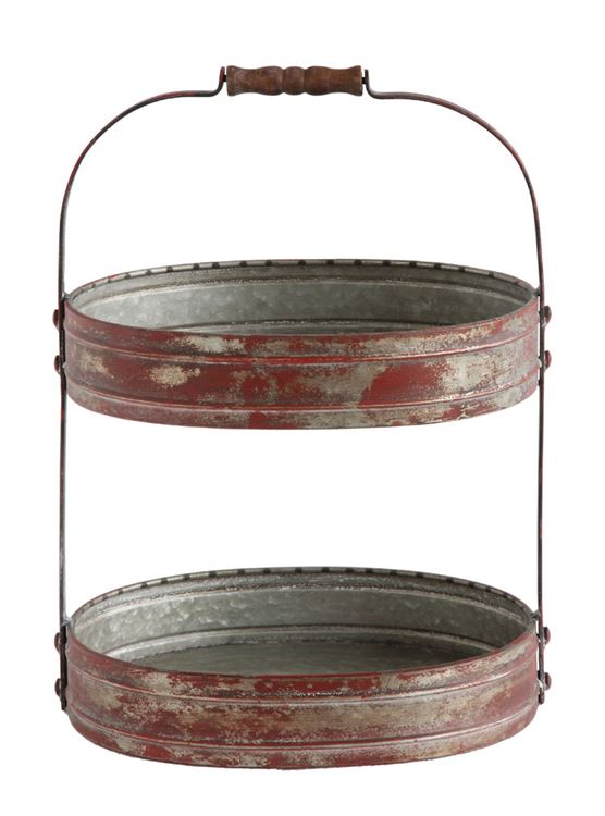 2 tier oval tray with wood handle. Decorative Metal, Distressed Red 12.75 in L x 9. 5 in W x 17.5 in H (2).jpg