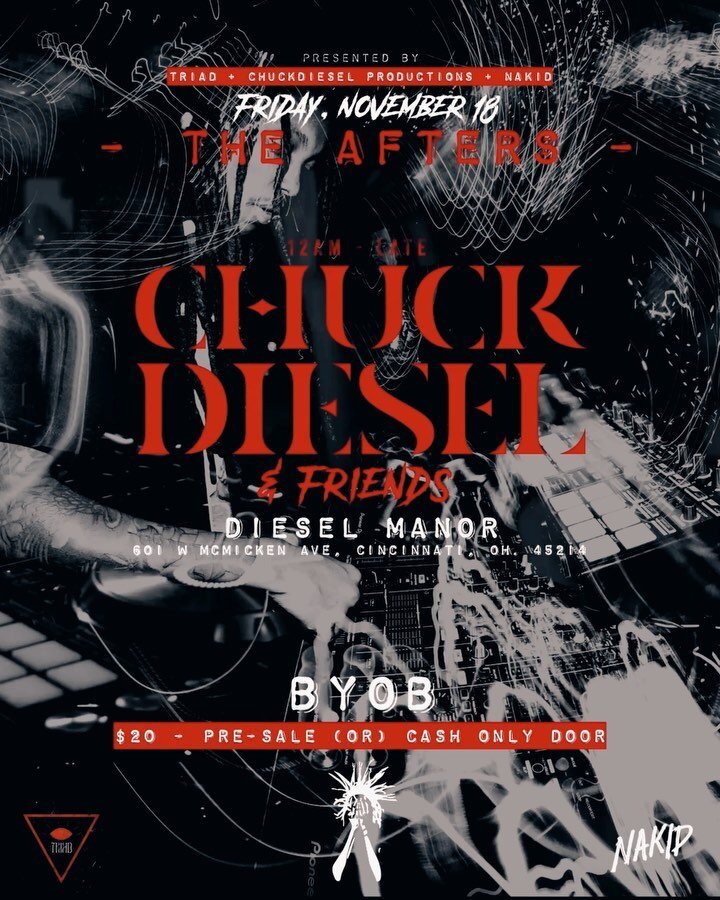 Double Down Friday!! THIS FRIDAY 11/18 we are throwing a badass
late night party, THE AFTERS with @chuckdiesel__ &amp; Friends (@mochibeatz +
@thedanrussell + @vusive + @ayekaymedia + @intrasy_music ) presented by @t_r_i_a_d_ + @chuckdiesel__ + @naki