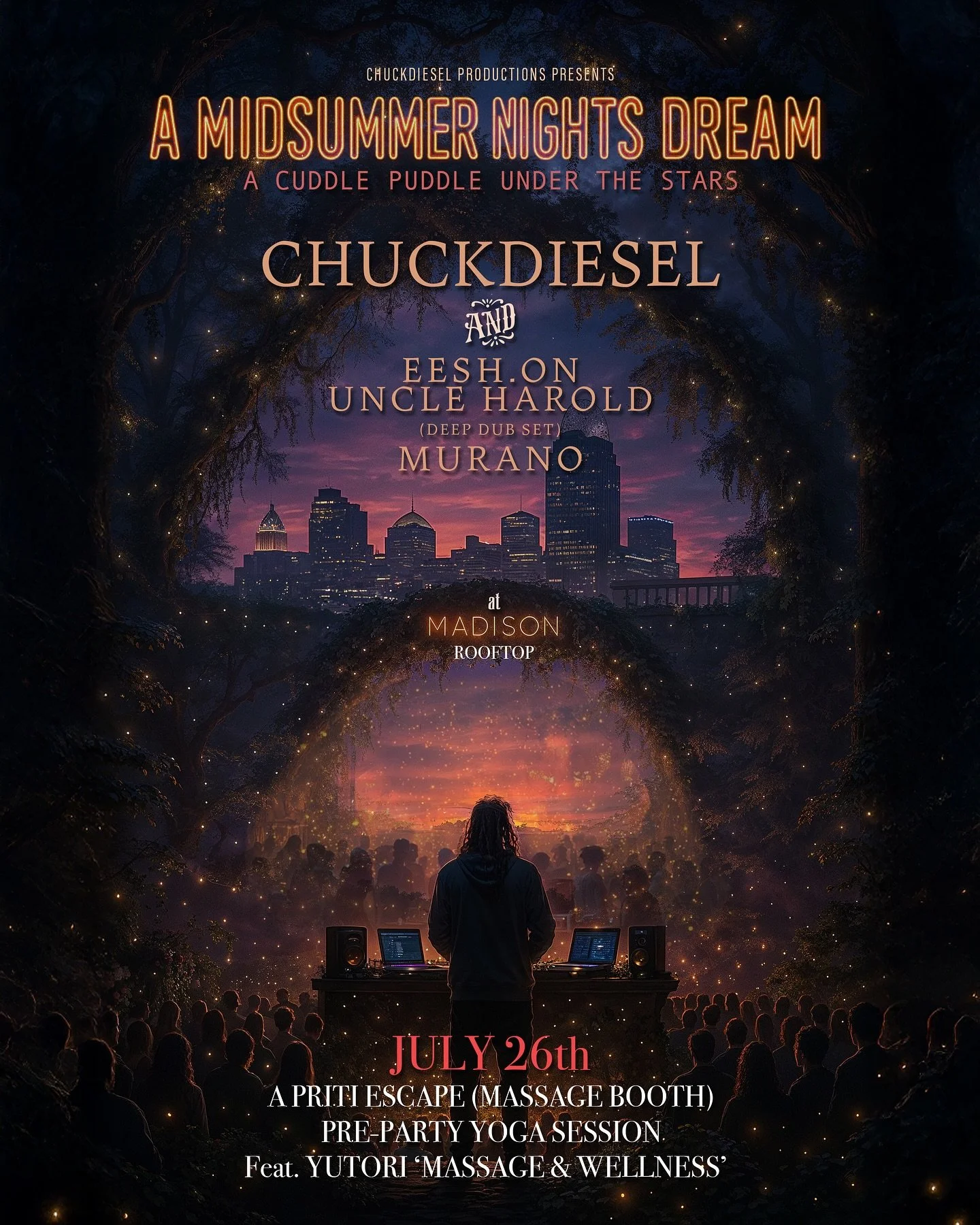 Step into a magical night where starlight meets soul connection. This dreamy gathering blends music, love, and community in a cozy outdoor setting. Unwind with a pre-party yoga session, indulge in healing touch at our massage booth, and drift into a 