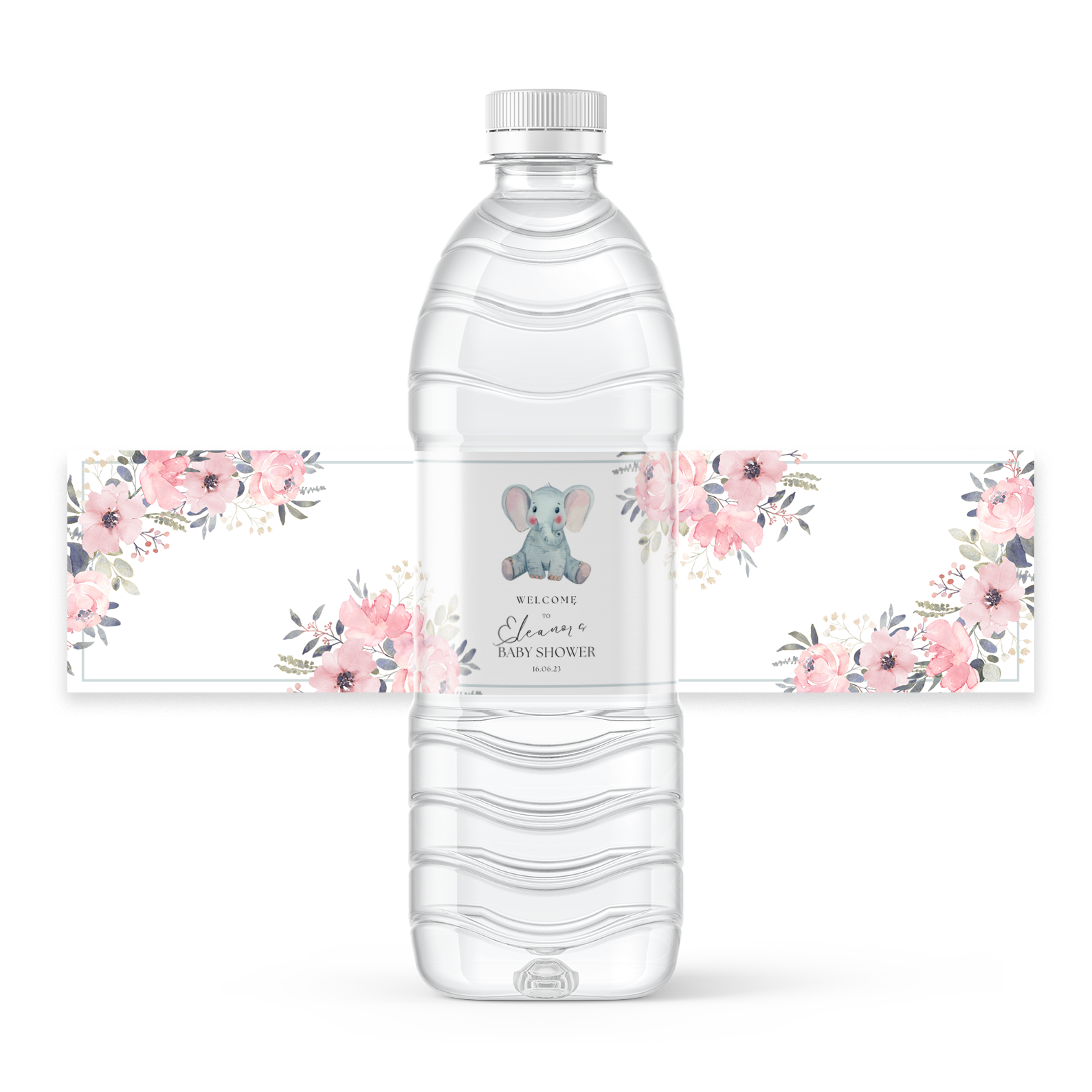 Free Pink Elephant Floral Baby Shower Design for 8x2 inch Water Bottle Free Pink Elephant Floral Baby Shower Design for 8x2 inch Water Bottle