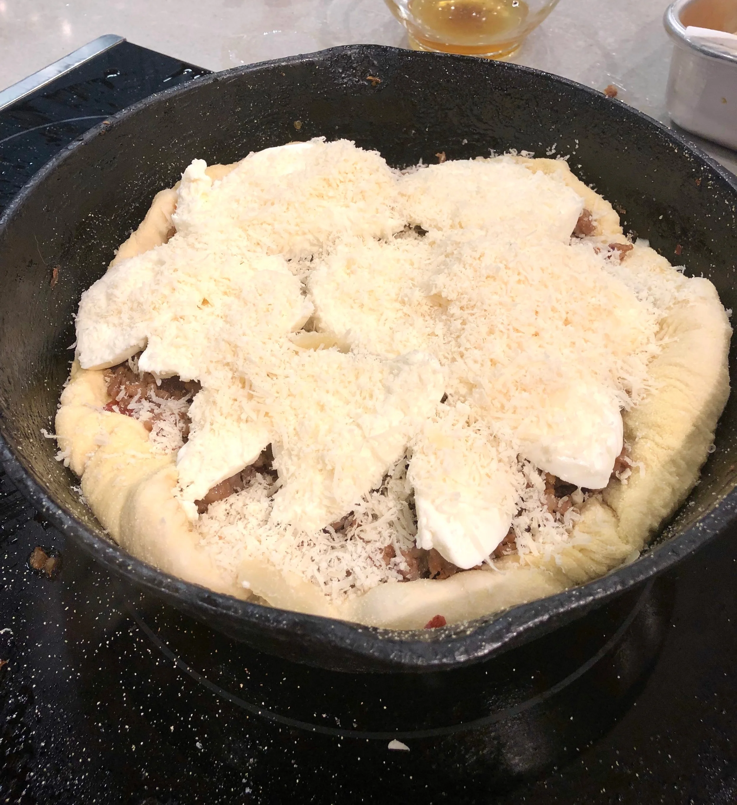 Pizza prepped and ready for oven