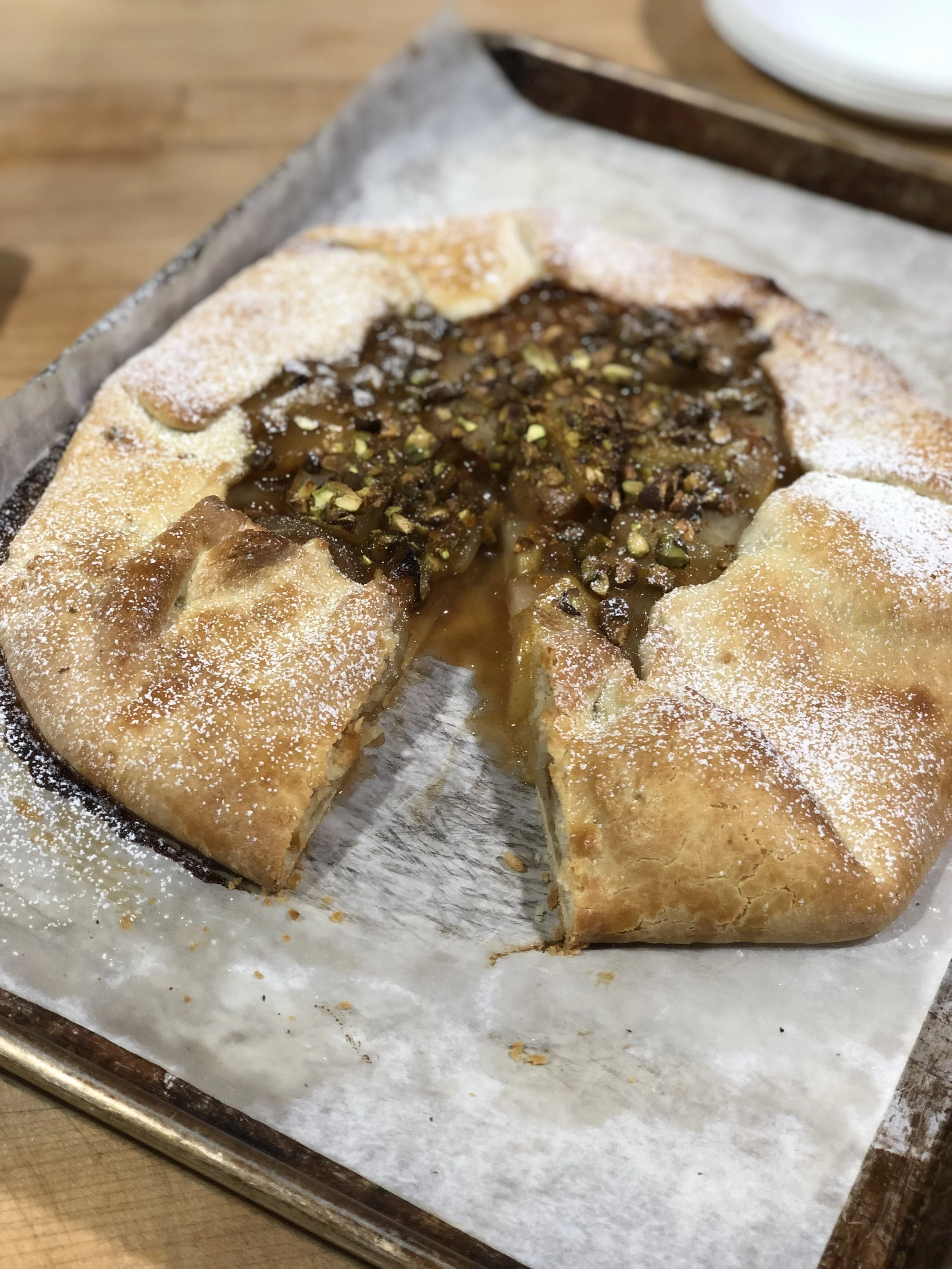 Pear and Pistachio Tart with Tahini Caramel Sauce