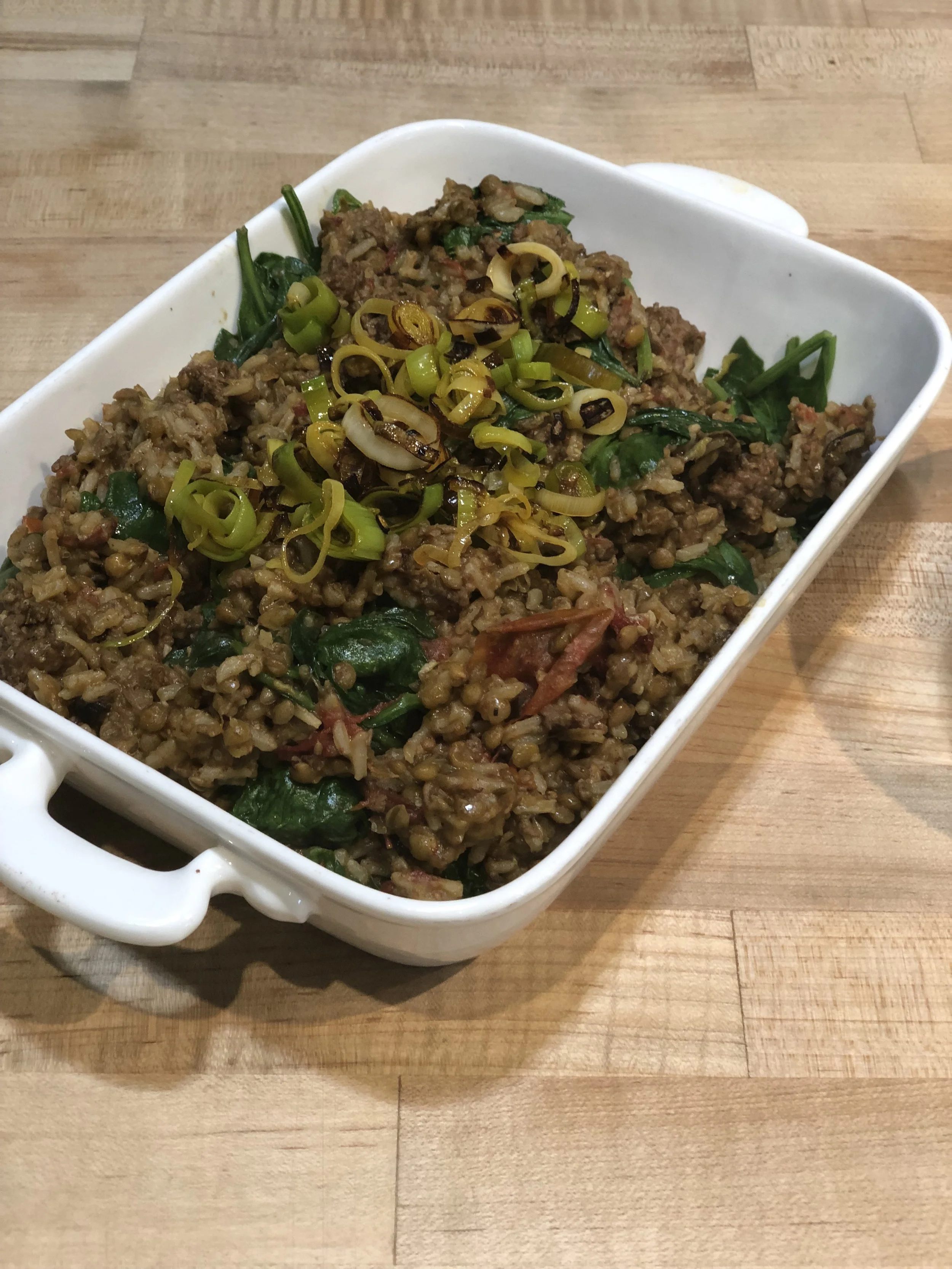 Middle Eastern Lentils and Rice with Leeks and Spinach