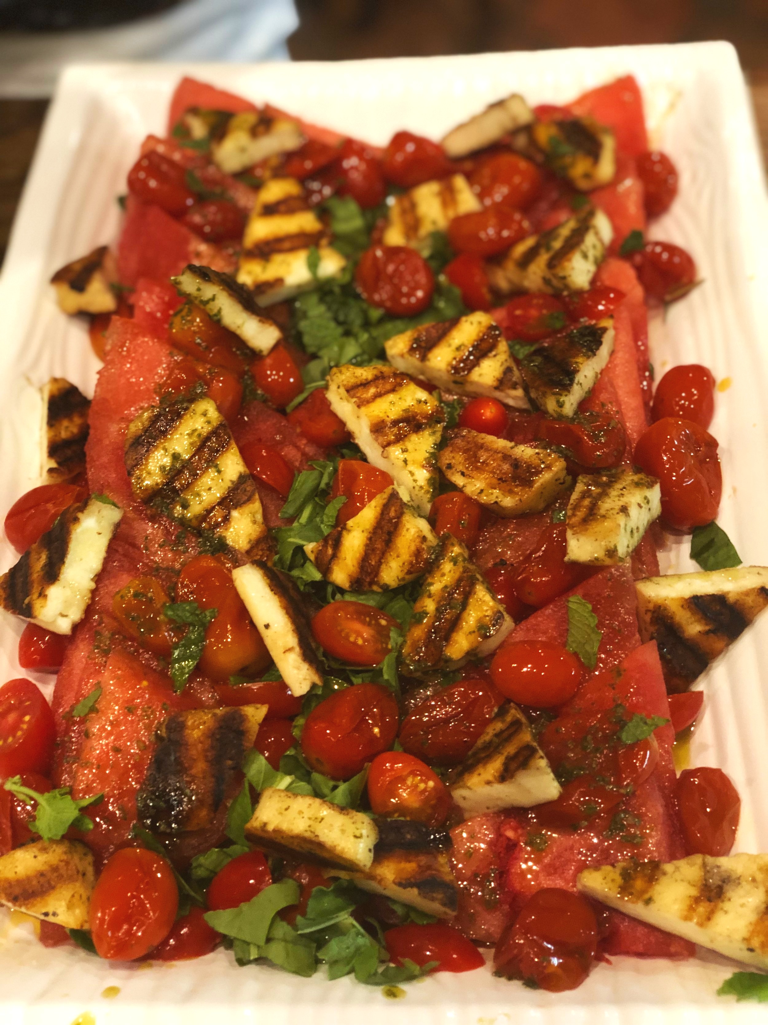 Grilled Halloumi with Watermelon and Basil-Mint Oil