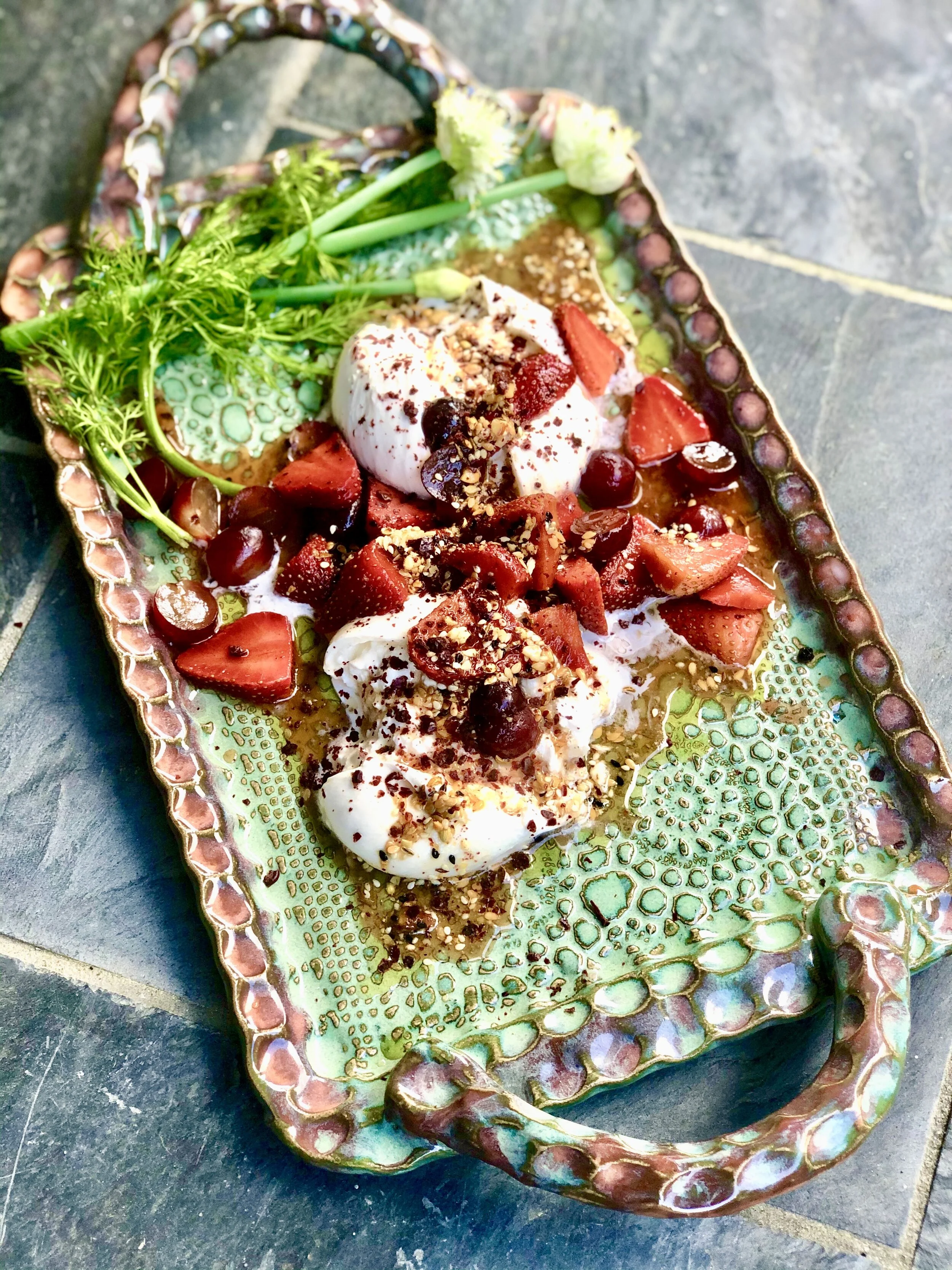 Burrata with Pickled Strawberries, Sumac and Basil