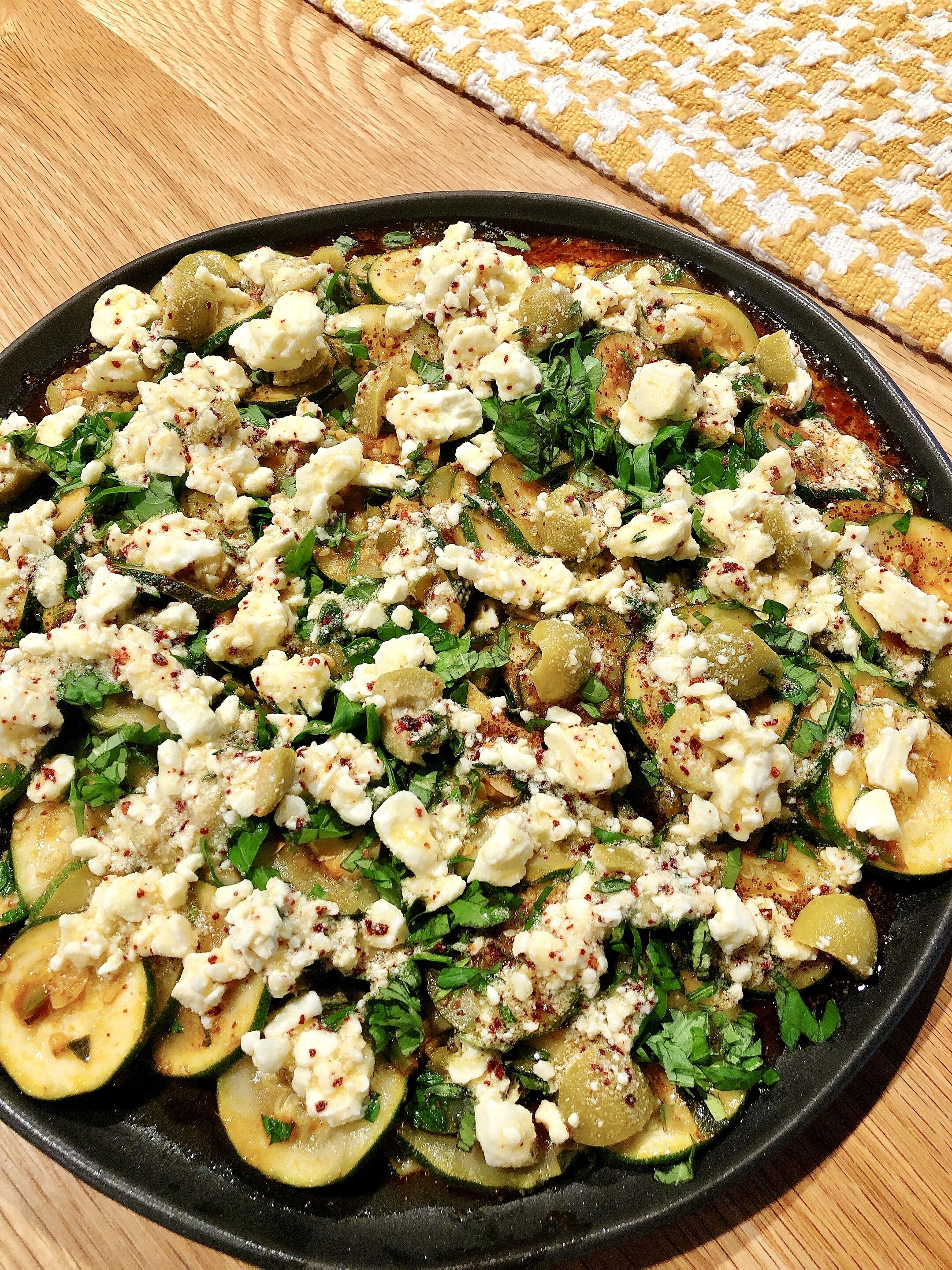 Soft Zucchini with Harissa, Lemon and Marinated Feta