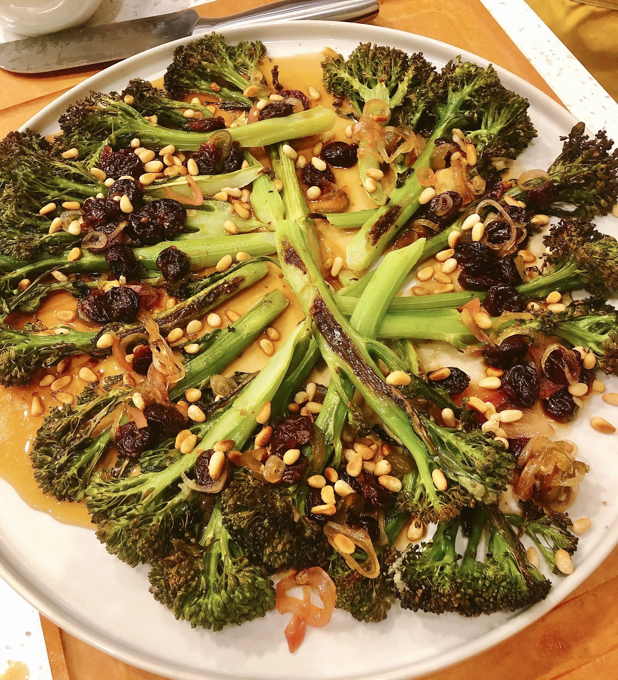Roasted Broccolini with Dried Cranberry Agrodolce and Pine Nuts
