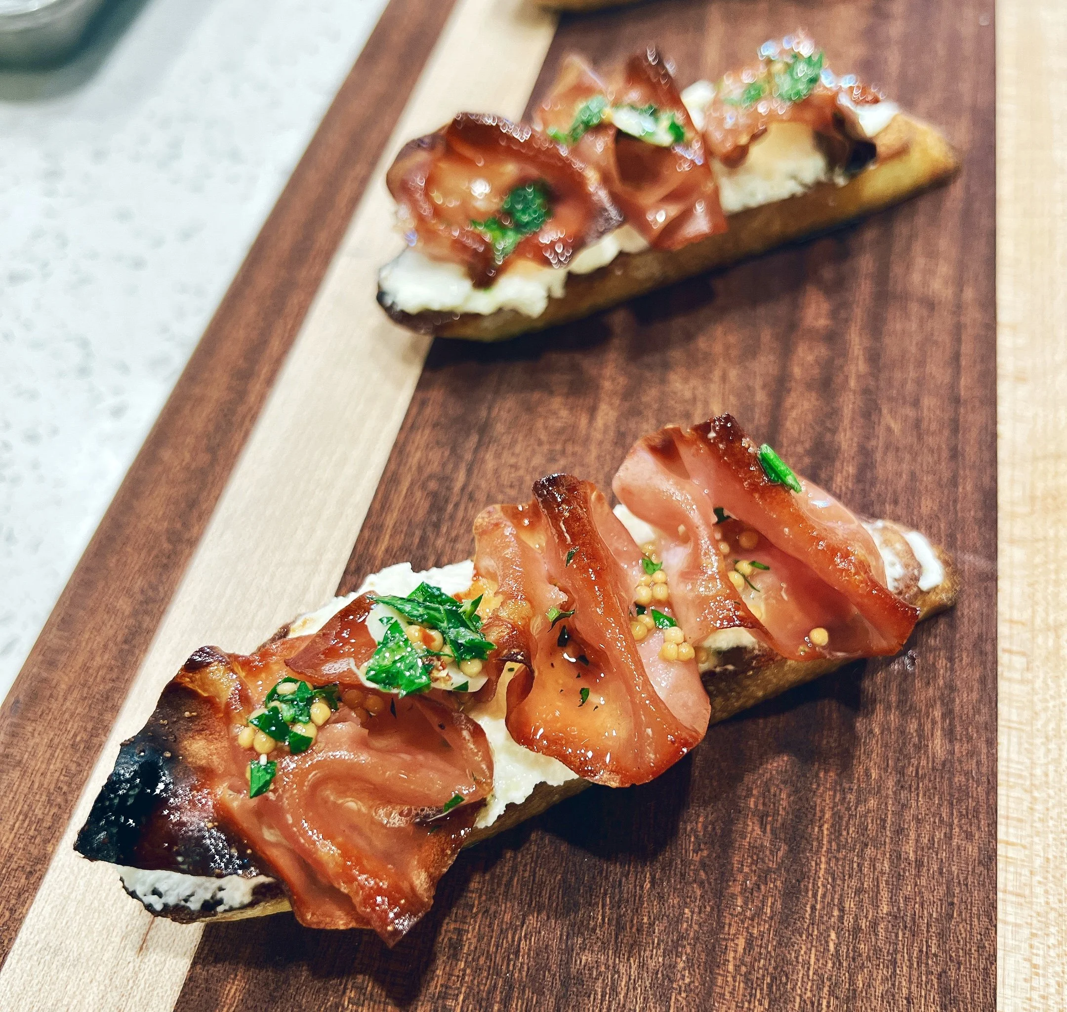 Mortadella Spiedini with Pickled Garlic Salsa Verde