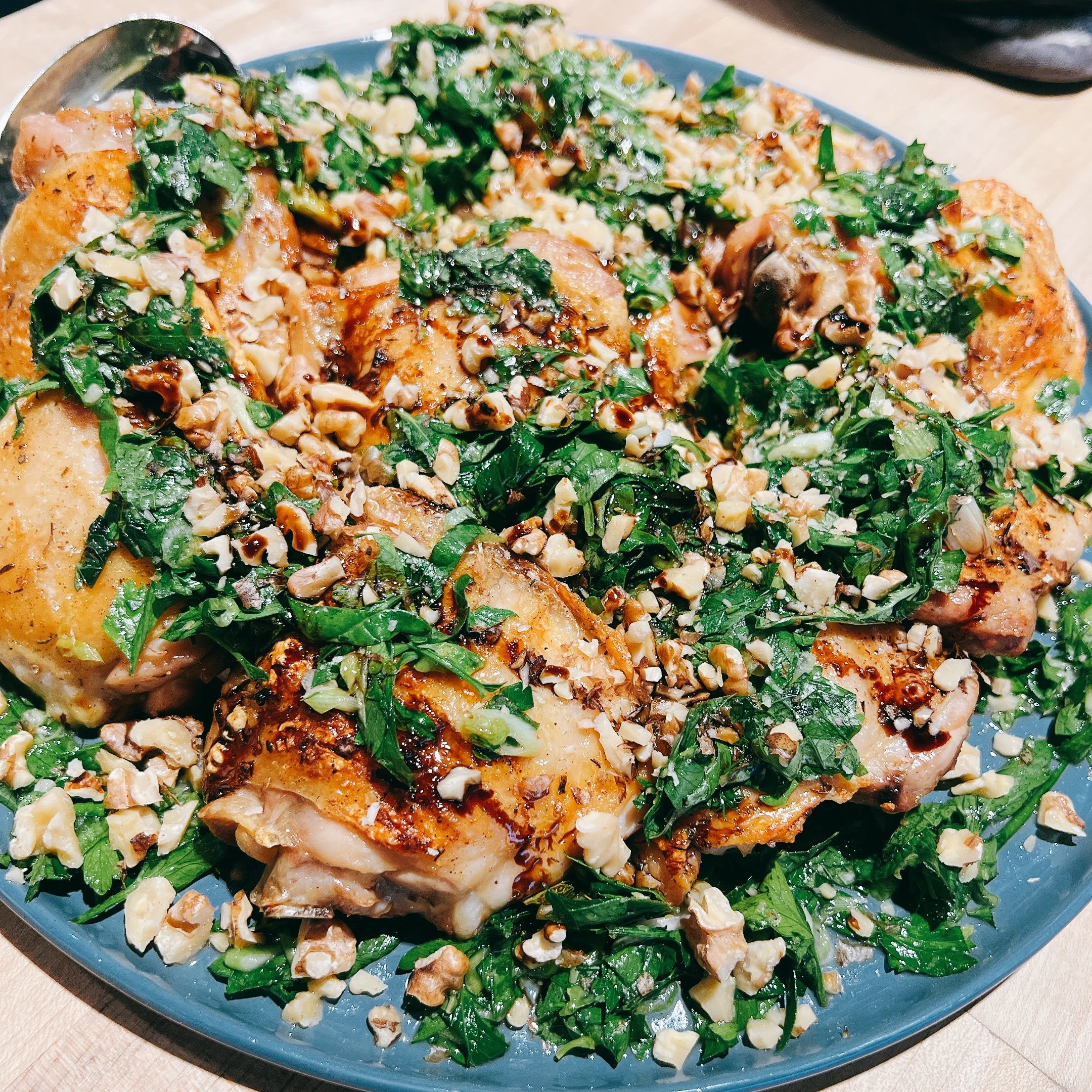 Dry Brined Crispy Chicken with Parsley Salad, Walnuts &amp; Pomegranate Molasses  &nbsp;