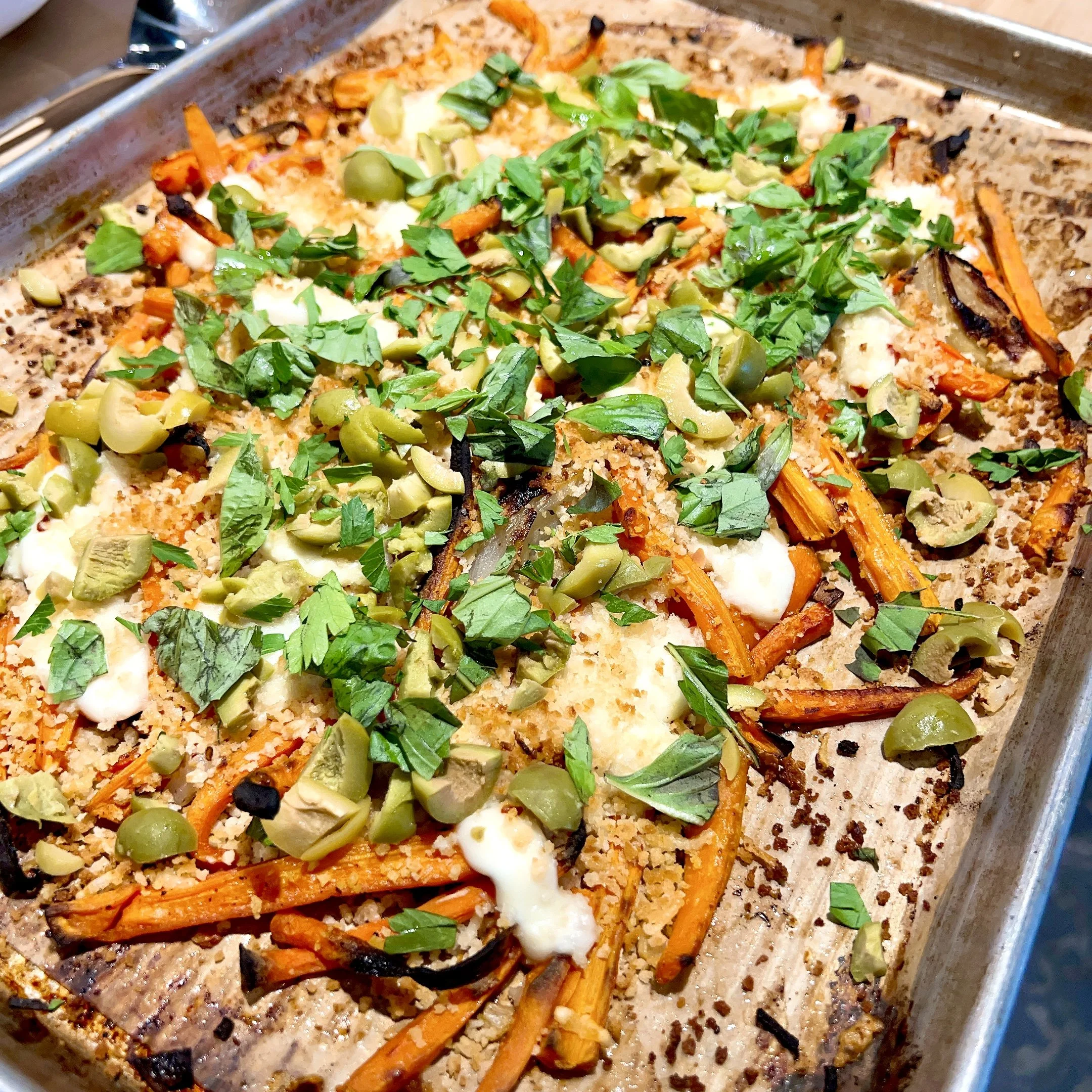 Roasted Carrots with Shallots, Mozzarella and Spicy Bread Crumbs