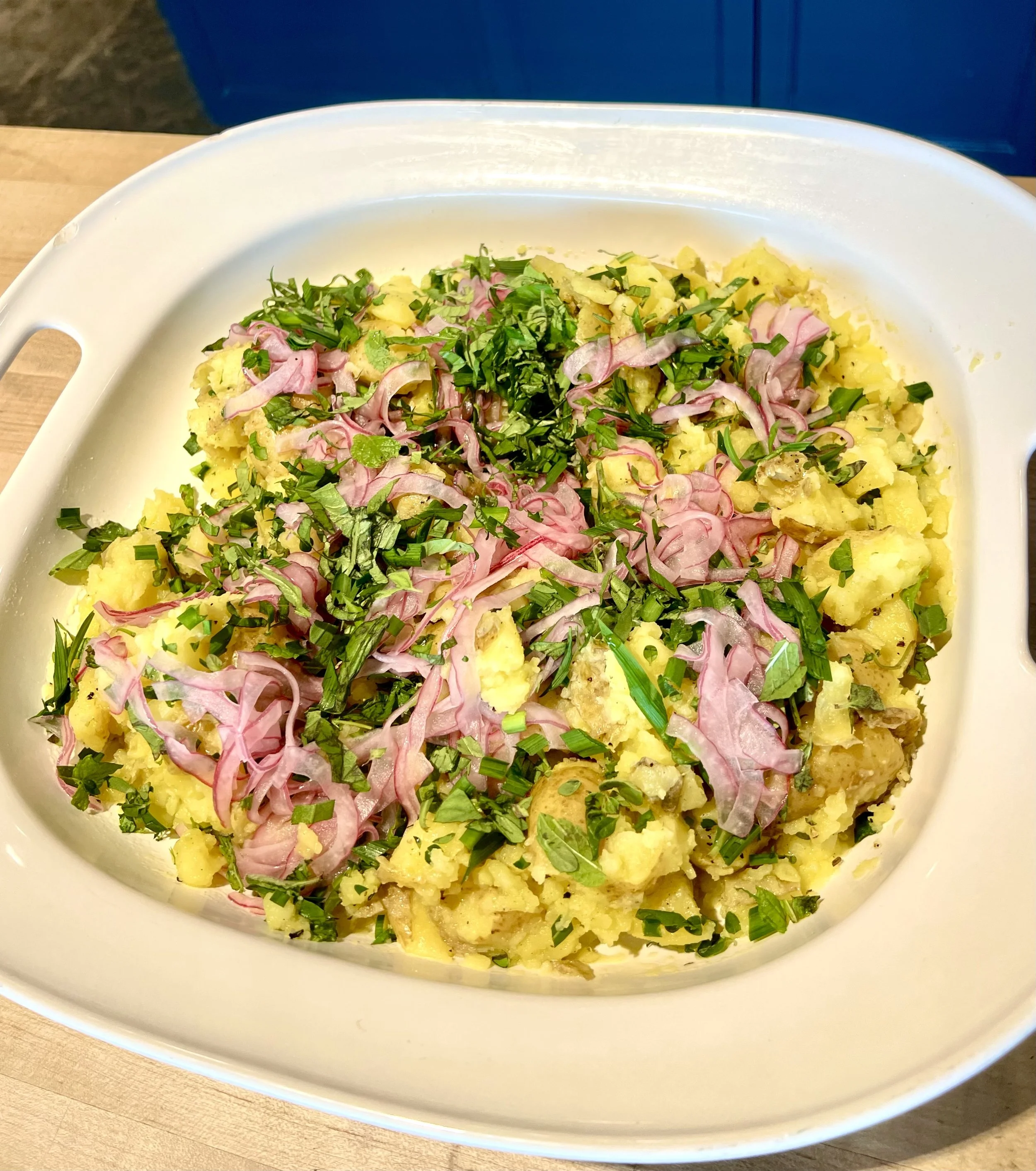 Olive Oil Drowned Potatoes with Lemony Onions and Herbs 