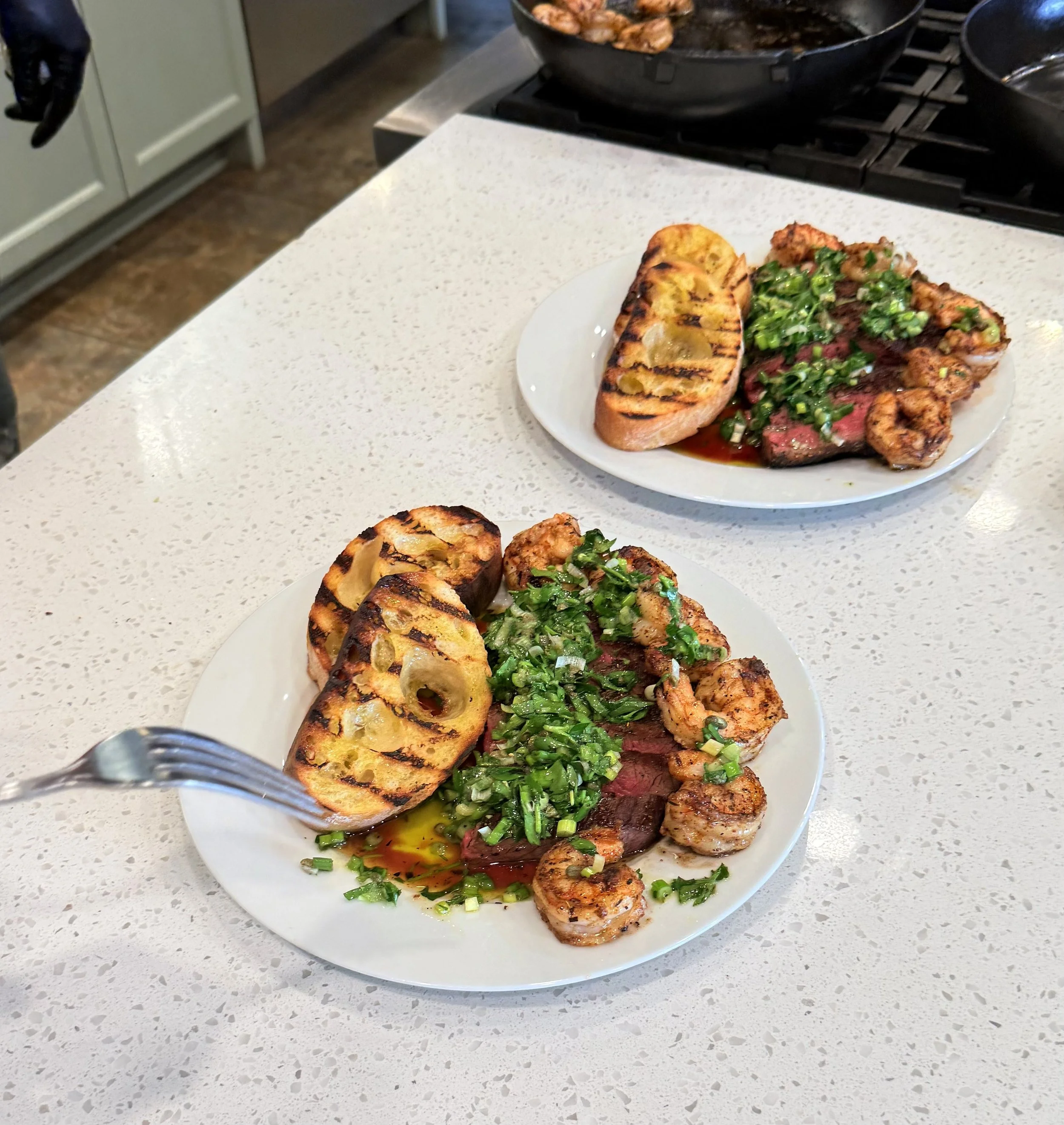 Pan Seared Bavette Steak with Blackened Shrimp 
