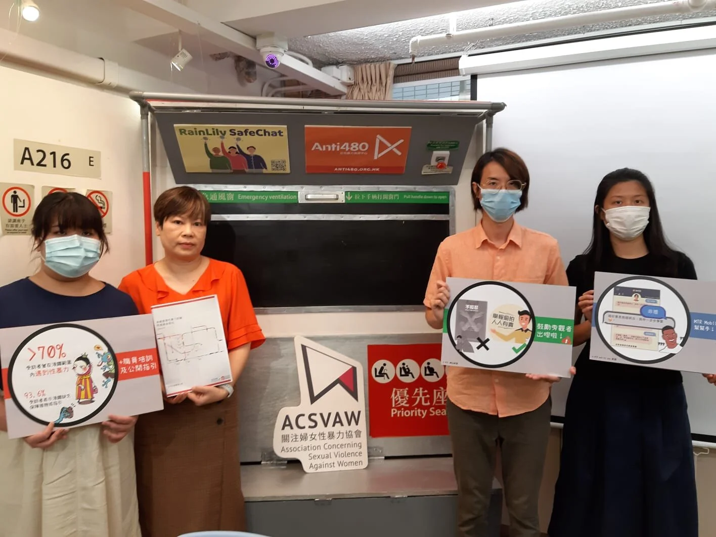  左起：性別友善環境小組成員劉芷廷、關注婦女性暴力協會總幹事王秀容、組織幹事尹智豪、及性別友善環境小組成員黃家稘 