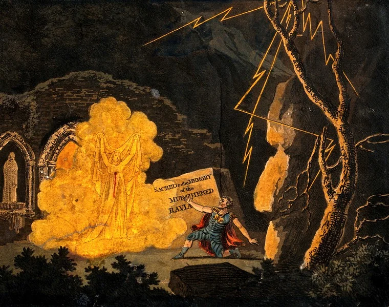 A woman dressed in white with blood on her dress is appearing to a man during a storm at night, in front of Gothic ruins. Aquatint, ca. 1850.. Credit: Wellcome Collection . CC BY