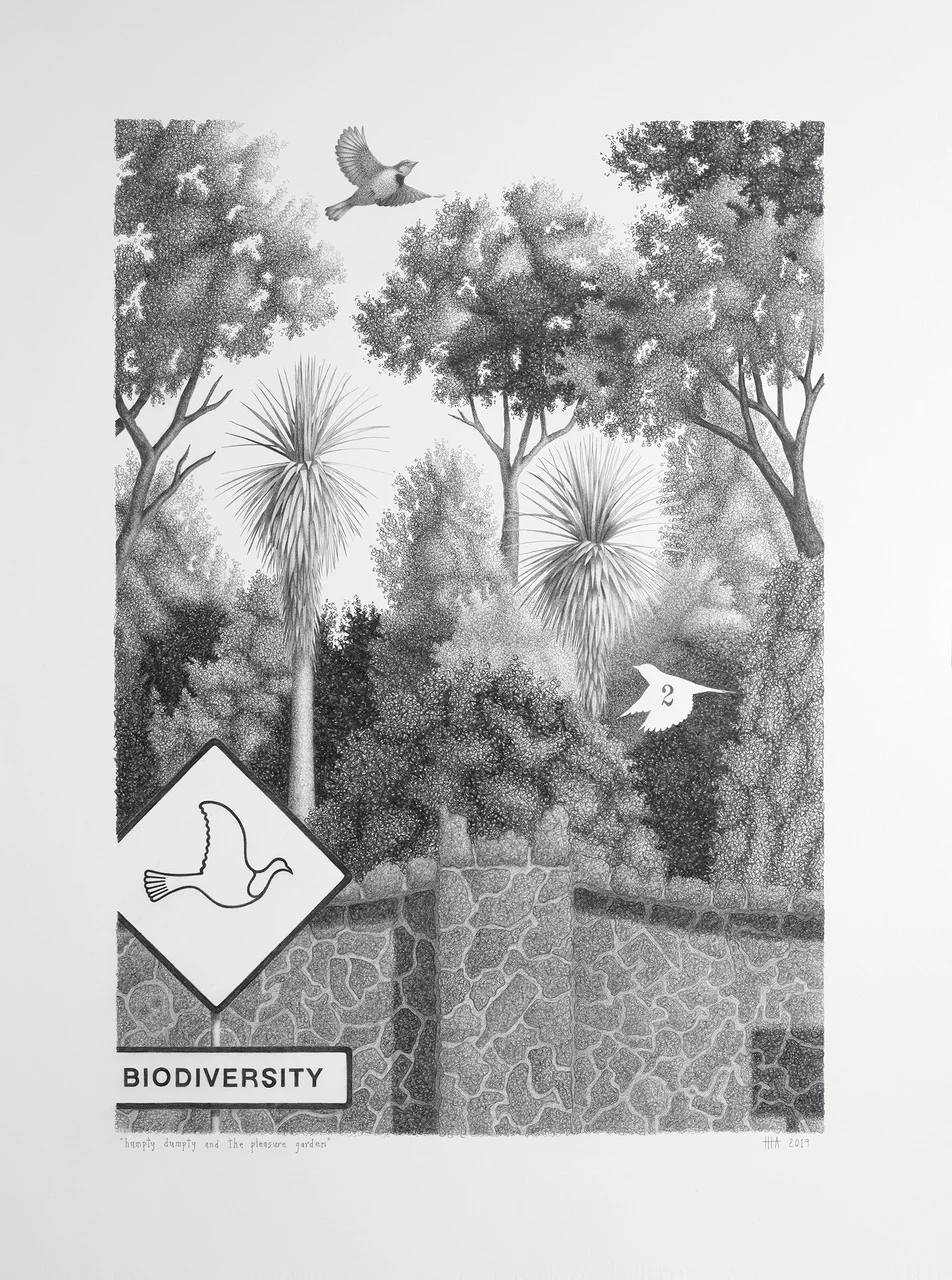Humpty Dumpty and the Pleasure Garden, 2019, pencil on Fabriano Artisico 640gsm paper, paper size 750 x 550mm (framed in diesel black wooden frame with conservation glass).