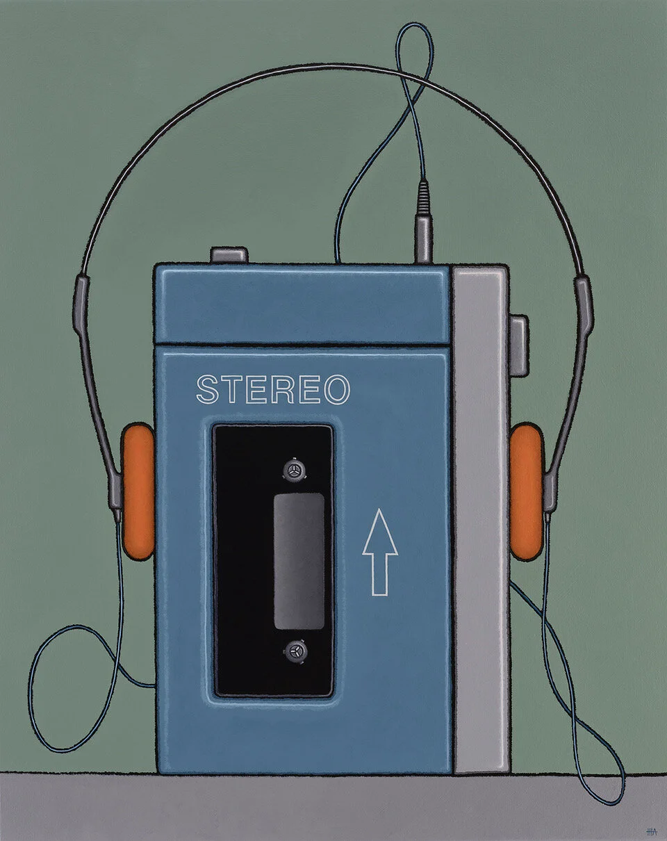 Walkman , 2019, acrylic on canvas, 600 x 750mm (float framed in charcoal stained birch ply 660 x 810mm).