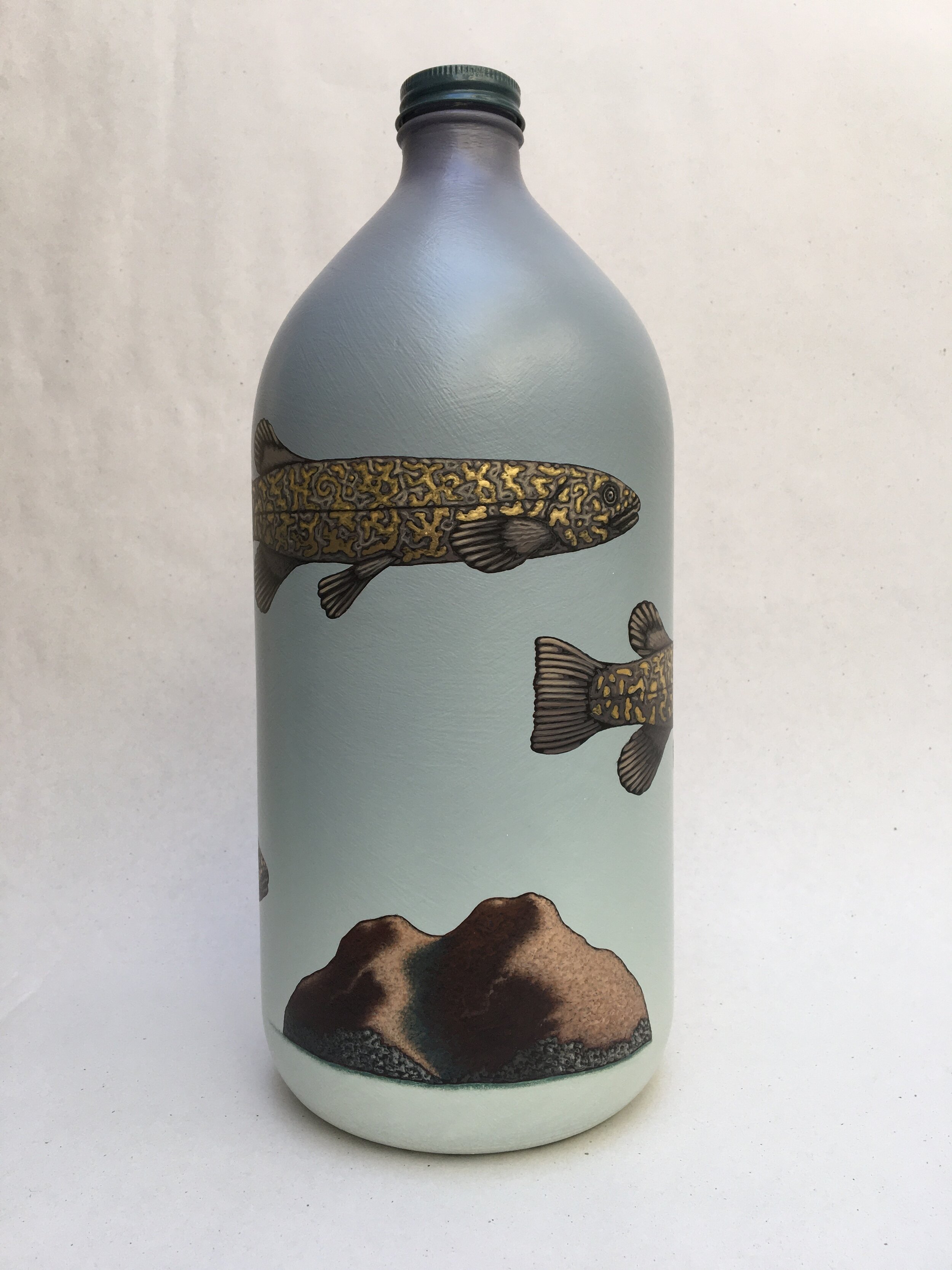 Small fish, bigpond , 2020, acrylic and gesso on half gallon glass bottle, 320 x 120mm.