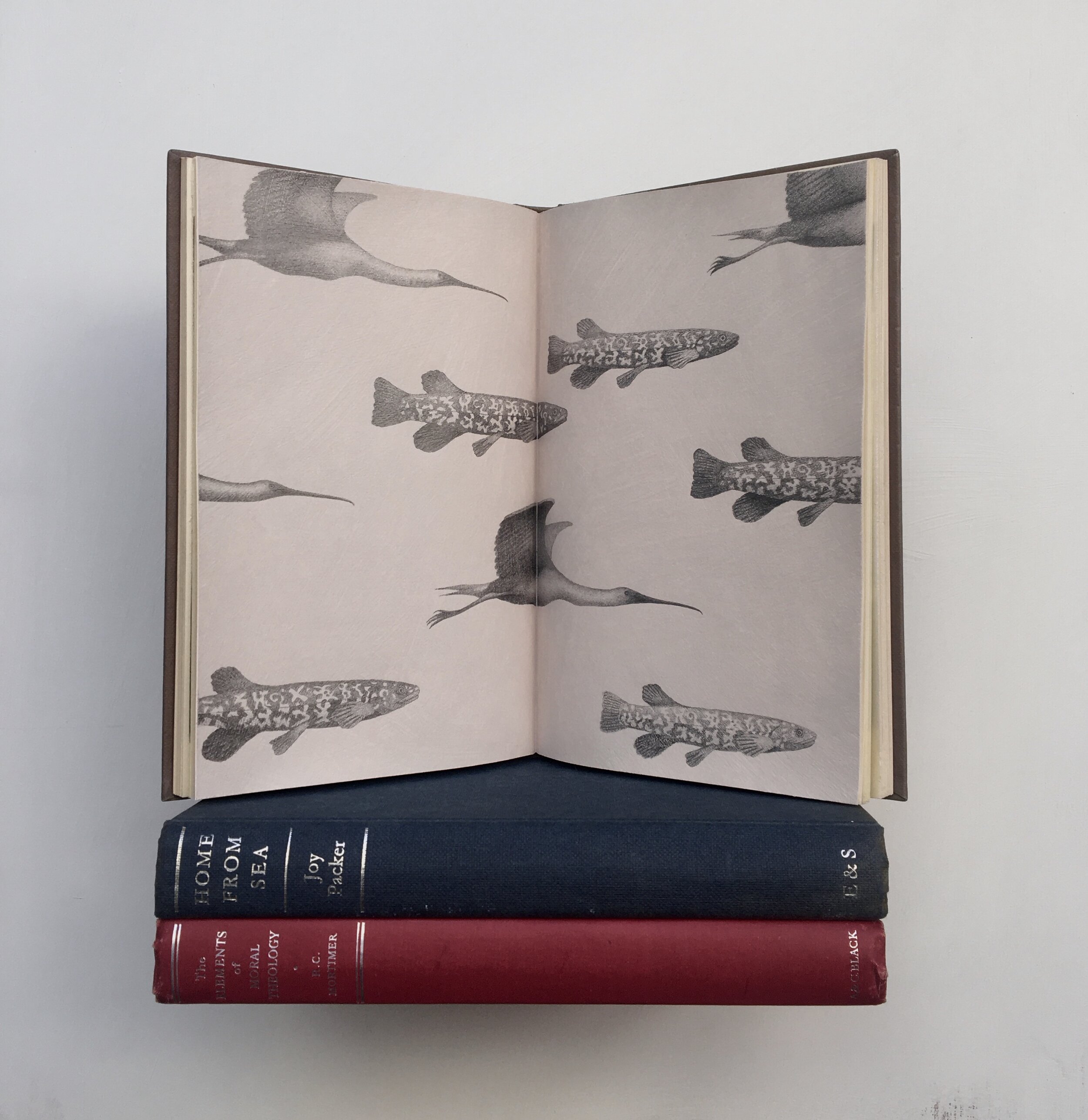Searching for the Rapture , 2020, pencil on gesso on book pages, displayed on wall book plinth, 290 x 220 x 150mm