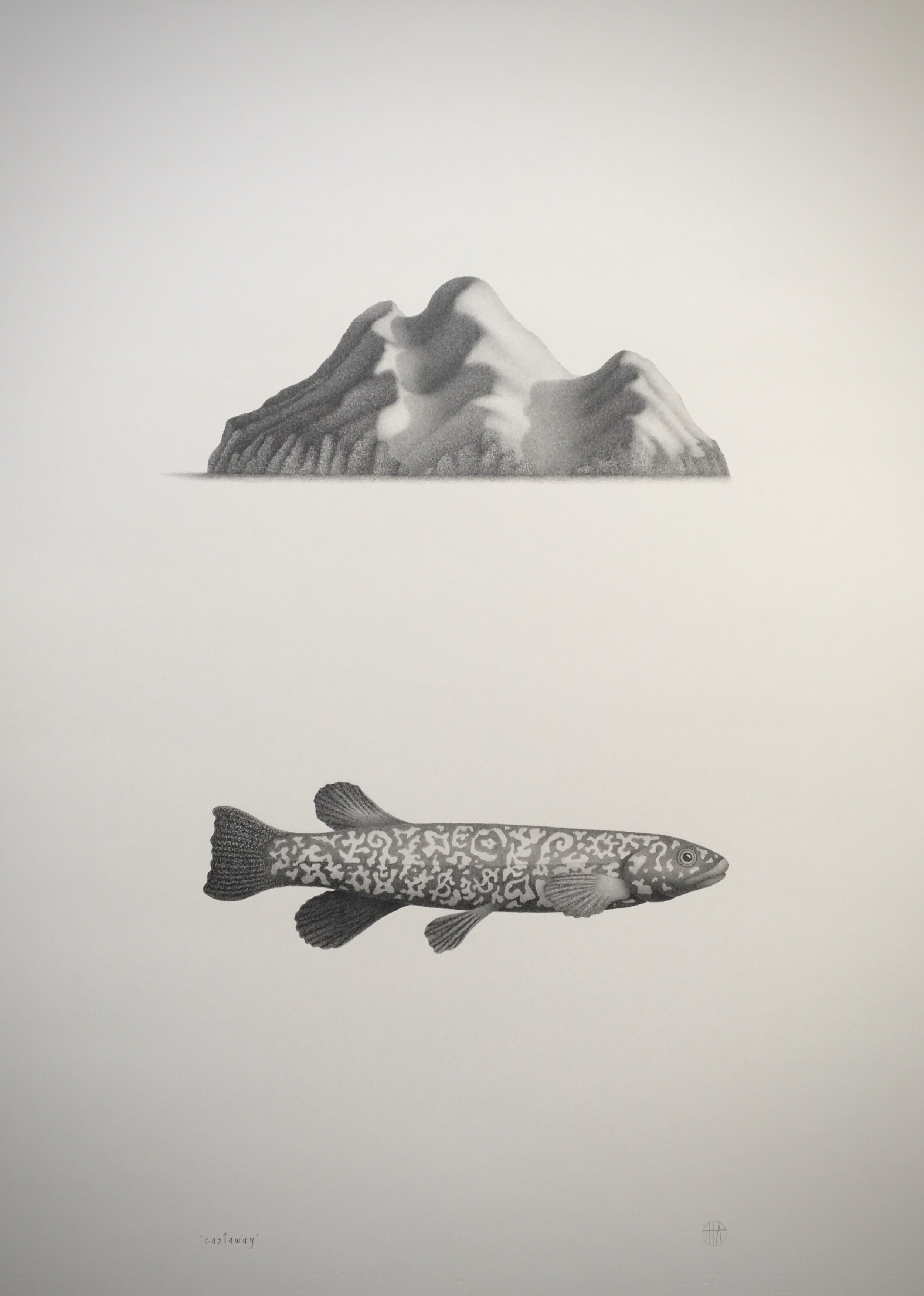 Cast Away , 2020, pencil on Fabriano Artisico 640gsm paper, paper size 750 x 550mm (framed in diesel black wooden frame with conservation glass).