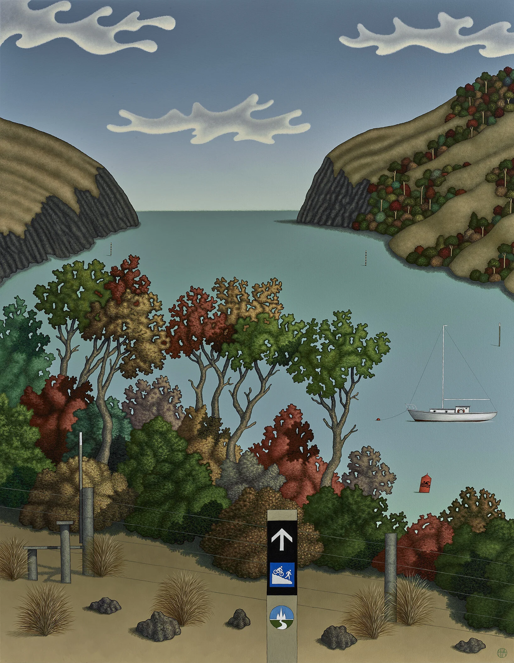    Whakaraupō - swim, bike,run  , 2021, acrylic on canvas, 700 x 900mm. 