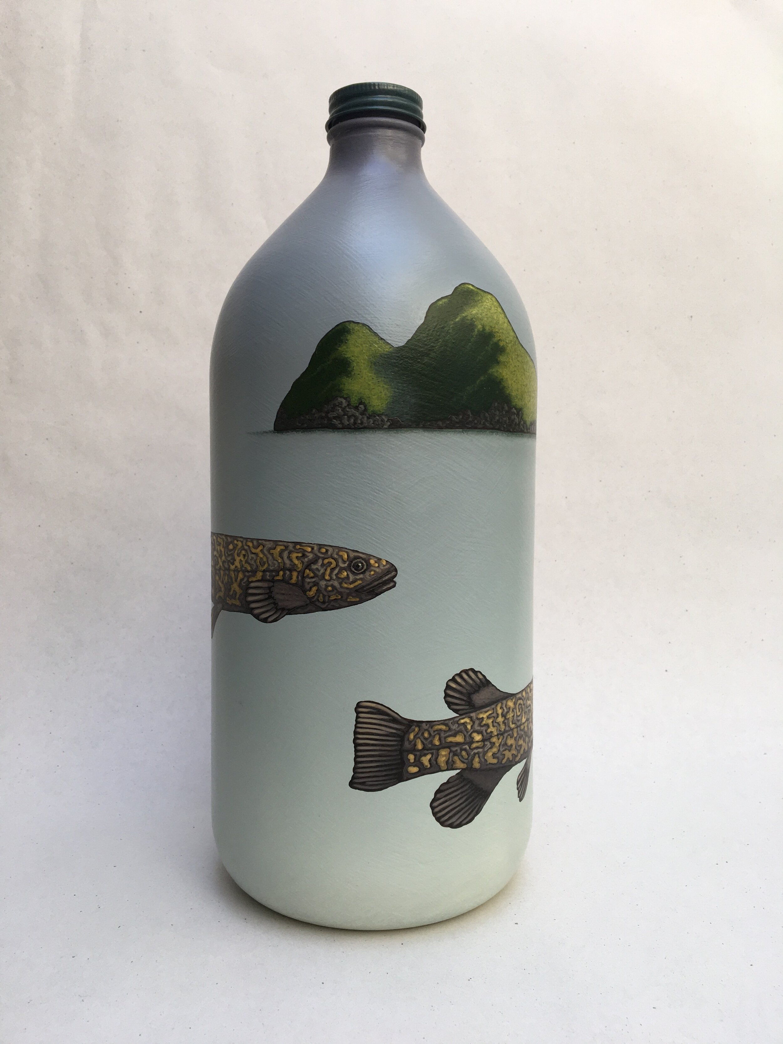 Small fish, bigpond , 2020, acrylic and gesso on half gallon glass bottle, 320 x 120mm.