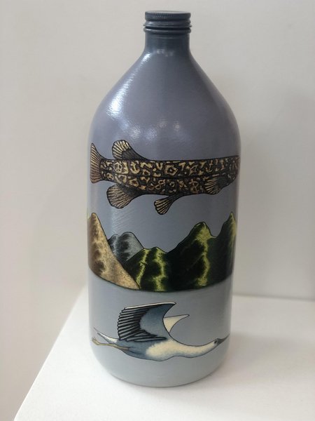 Catch me if you can , 2020, acrylic on gessoed bottle, 120 x 320mm.