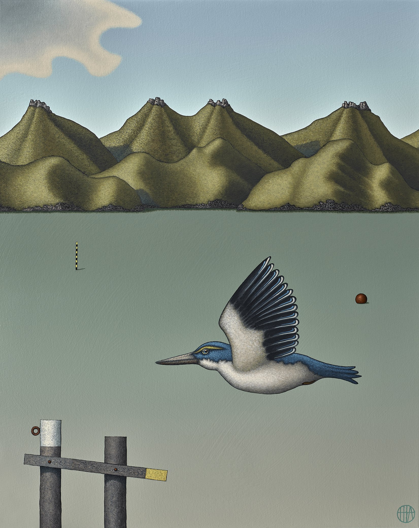 Lessons from the Sea, part 2 - Surface Tension, 2023, acrylic on canvas, 400 x 500mm, float framed in charcoal stained Ash - 440 x 540mm.