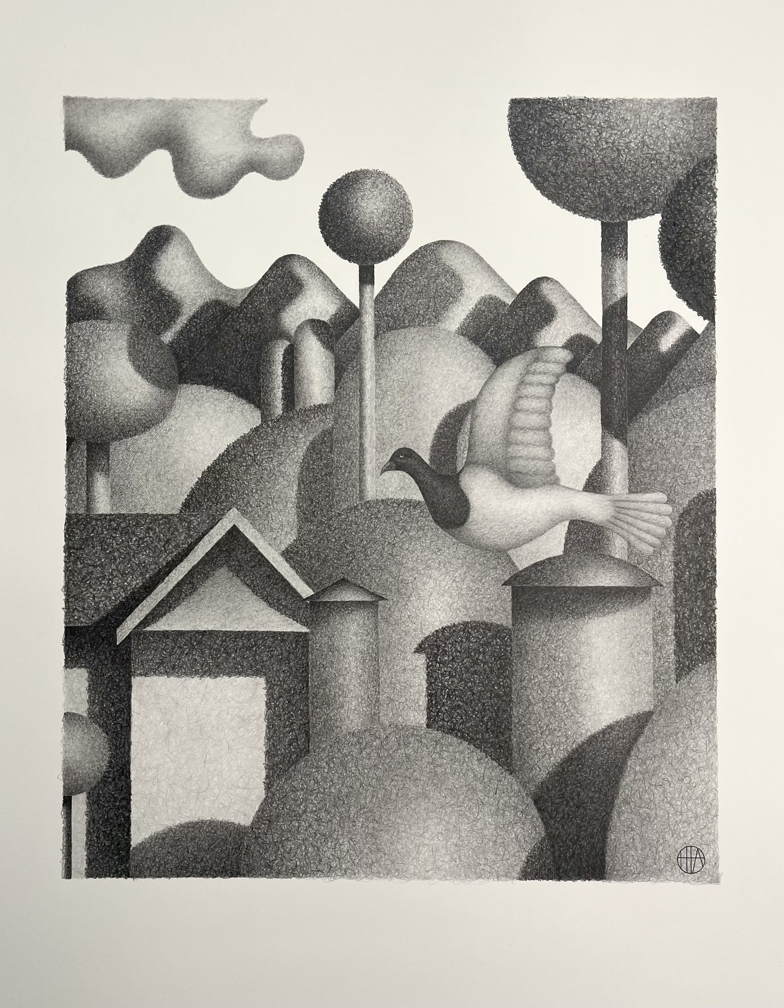 Notes from the Anthropocene, Plum Chutney , 2024, pencil on paper, 550 × 750mm.