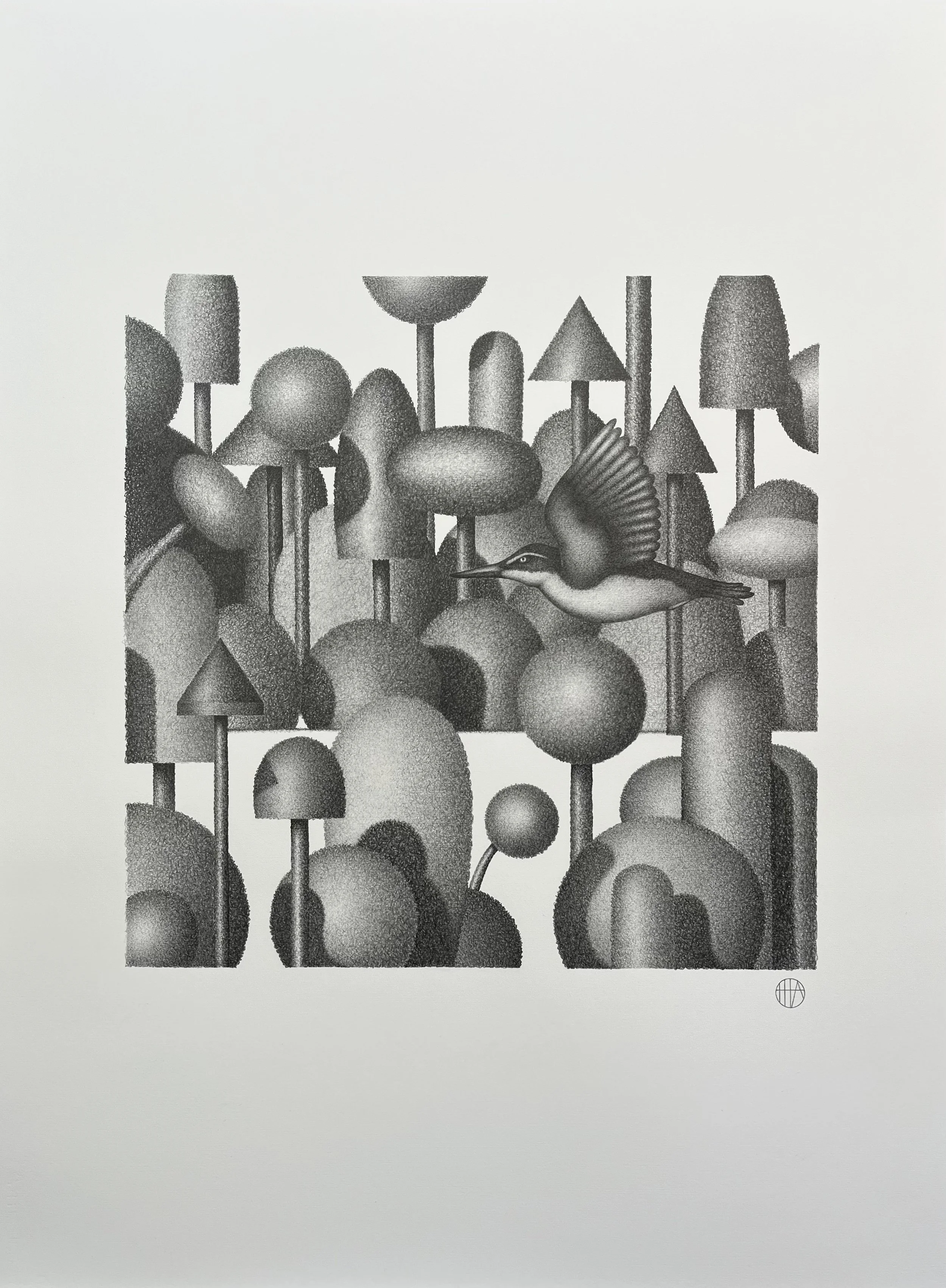    Songs from Suburbia - River King  , 2025, pencil on Fabriano Artisico paper, 650 × 850mm, float framed in charcoal stained oak with conservation glass. 