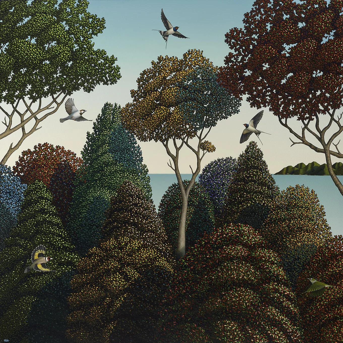    Spring and the Pleasure Garden  , edition 13 of 15. Printed using archival inks on German etch paper. The print size is 650 x 650mm, and it is framed in a simple dark wooden frame with off white mattboard and glass, so the overall size is around 8
