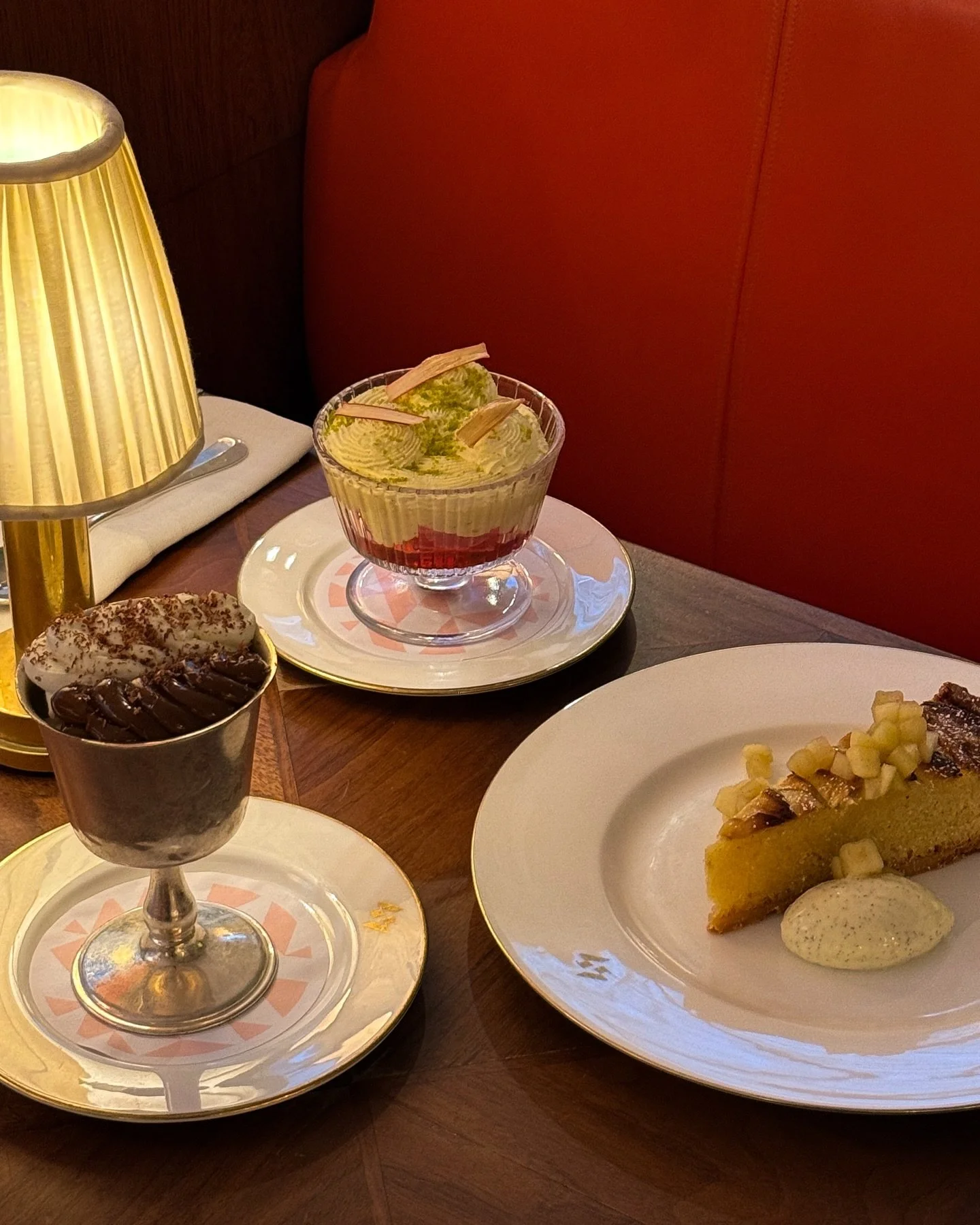 Sweet, seasonal, and impossible to resist.

Banoffee Pie with banana split ice cream and lime chantilly, Tarte Normande with baked apples and Calvados cream, and Rhubarb Trifle with pistachio-topped cr&egrave;me p&acirc;tissi&egrave;re.