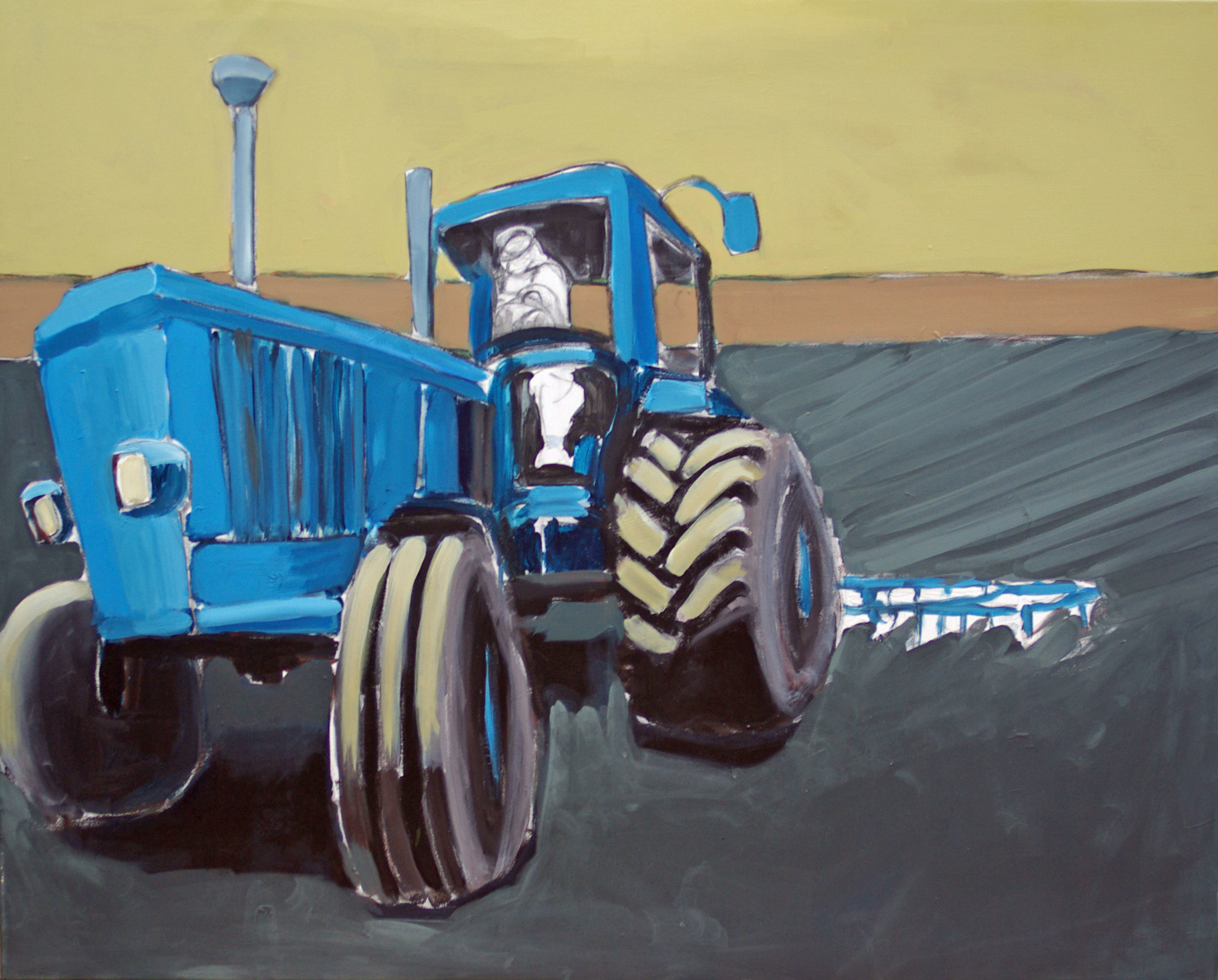 Traktor, akryl og kul på lærred, 80x100 cm