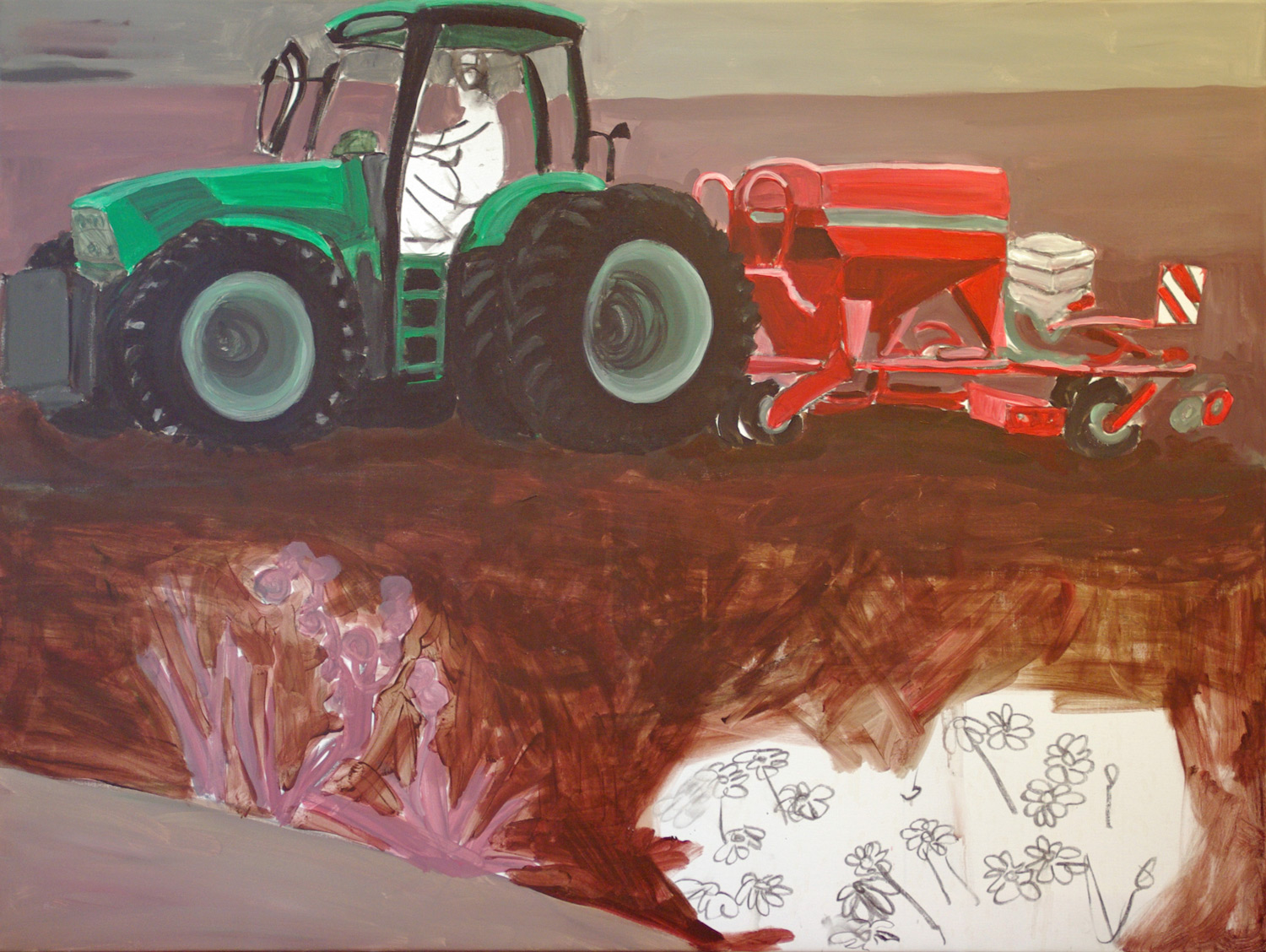 Såmaskine, akryl og kul på lærred, 90x100 cm