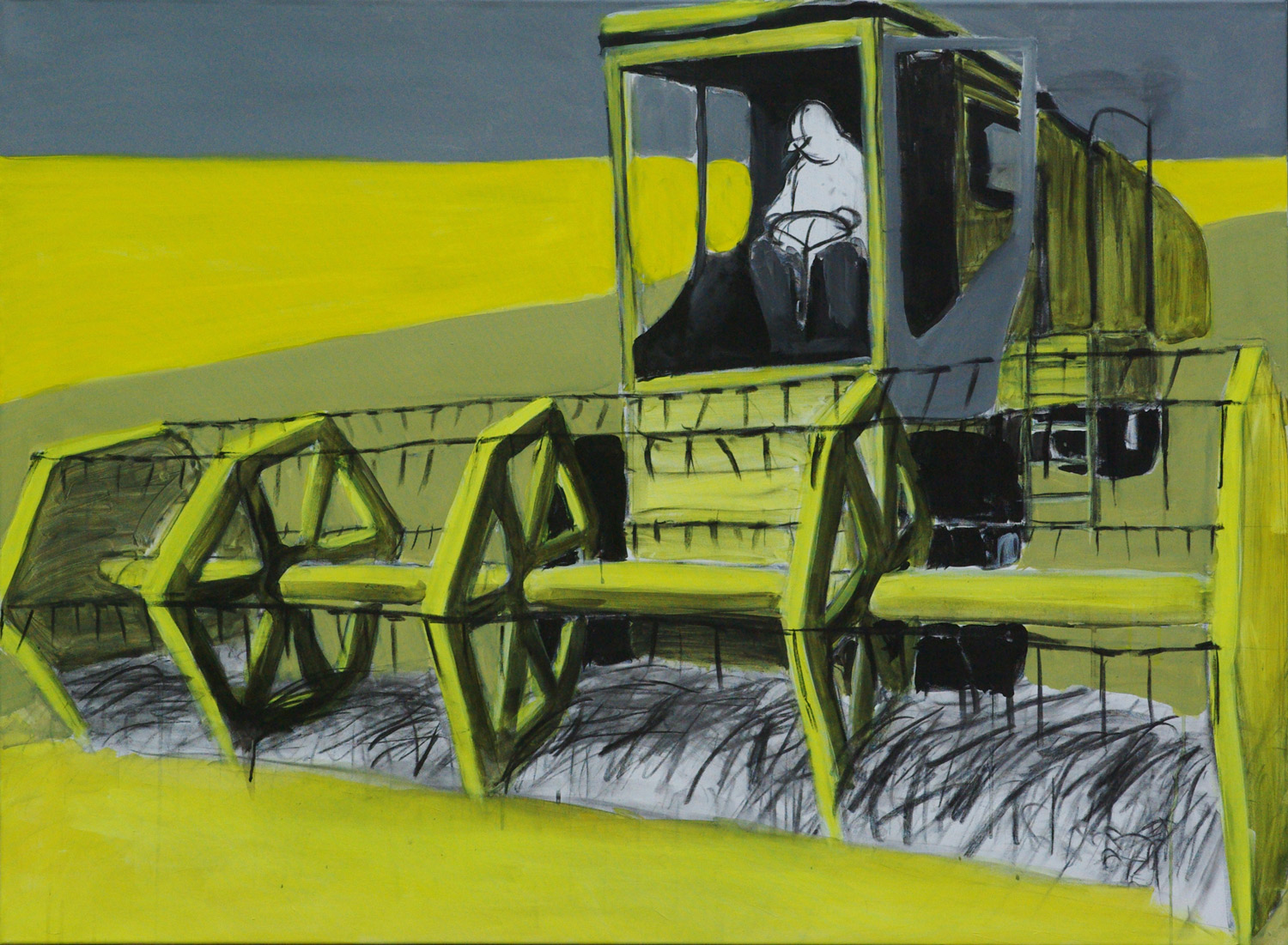 Mejetærsker, akryl og kul på lærred, 90x100 cm