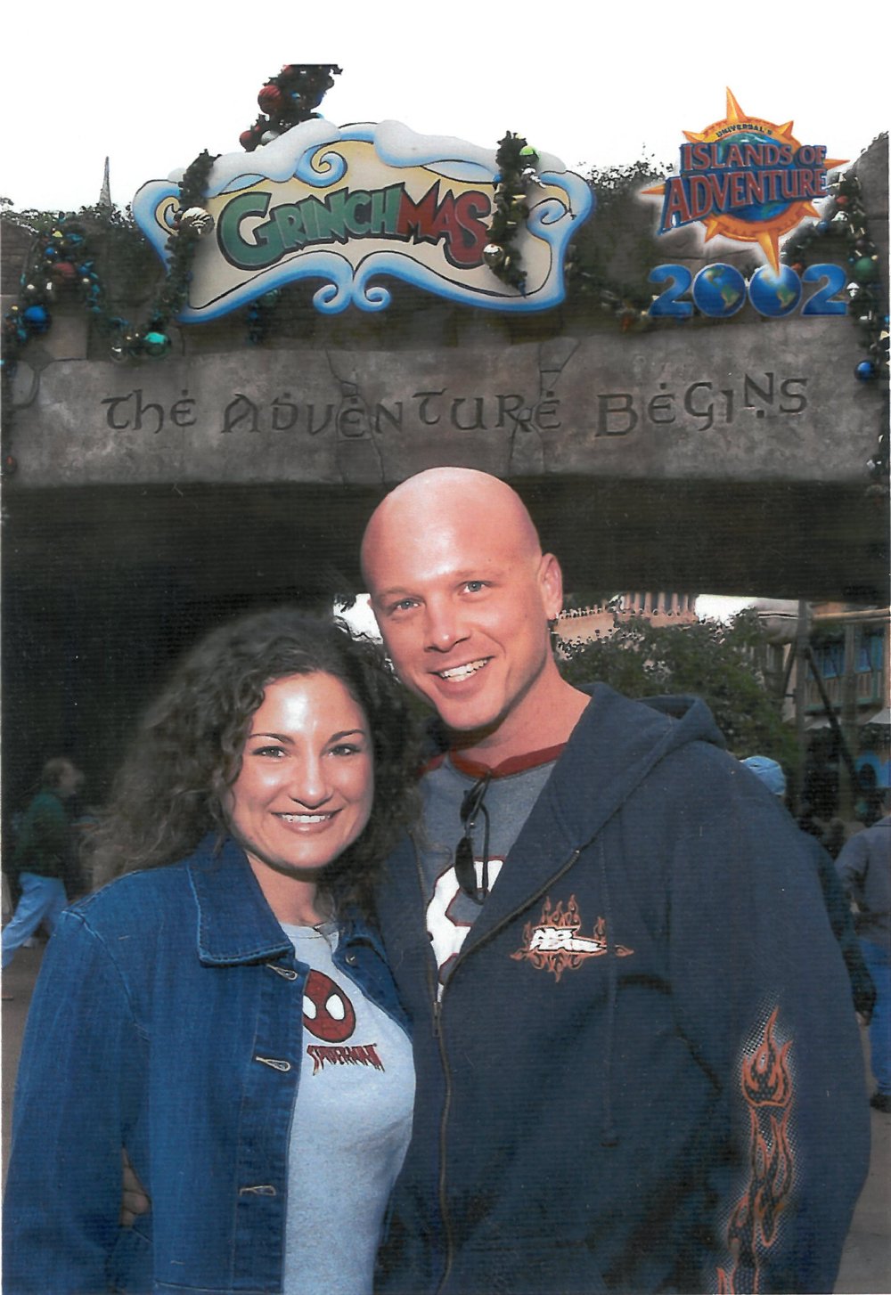 Anna and Nathanael at the entrance to Islands of Adventure, Universal Orlando 2002