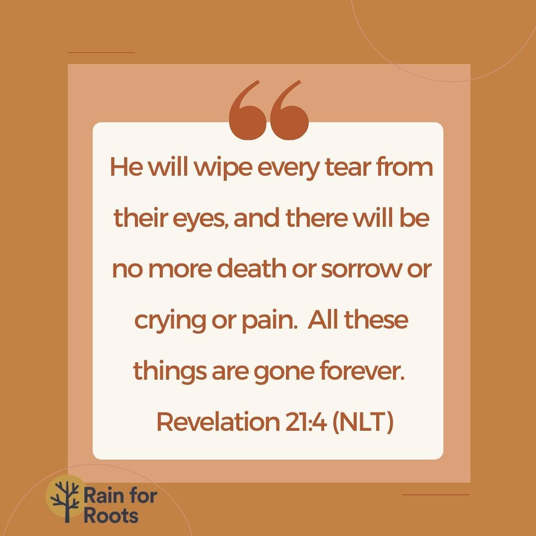 &quot;He will wipe every tear from their eyes, and there will be no more death or sorrow or crying or pain. All these things are gone forever.&quot; - Revelation 21:4 (NLT)
🌱
[Image description: The Bible verse is set in burnt orange text within a w