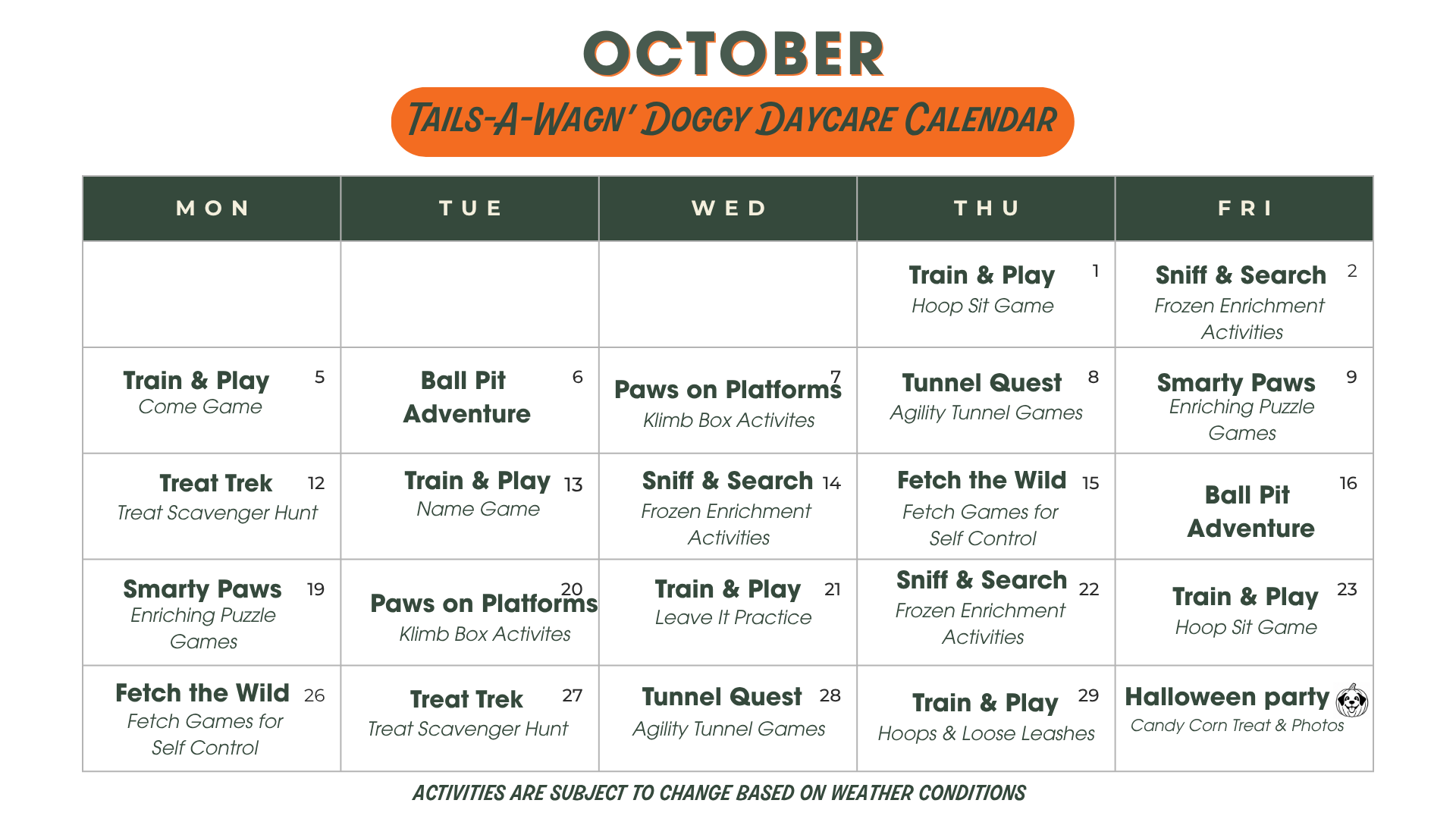 October Monthly Daycare Activity Calander