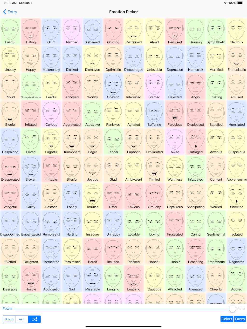 Moods shown randomly. Note that you can also turn off colors or faces (the buttons at bottom right) to adjust the mood picker’s look to your taste.